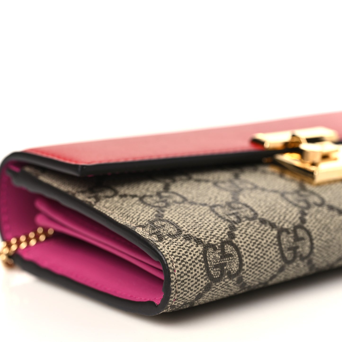 GG Supreme Monogram Moon Calfskin Padlock Continental Chain Wallet Beige Ebony Hibiscus Red New Rosette