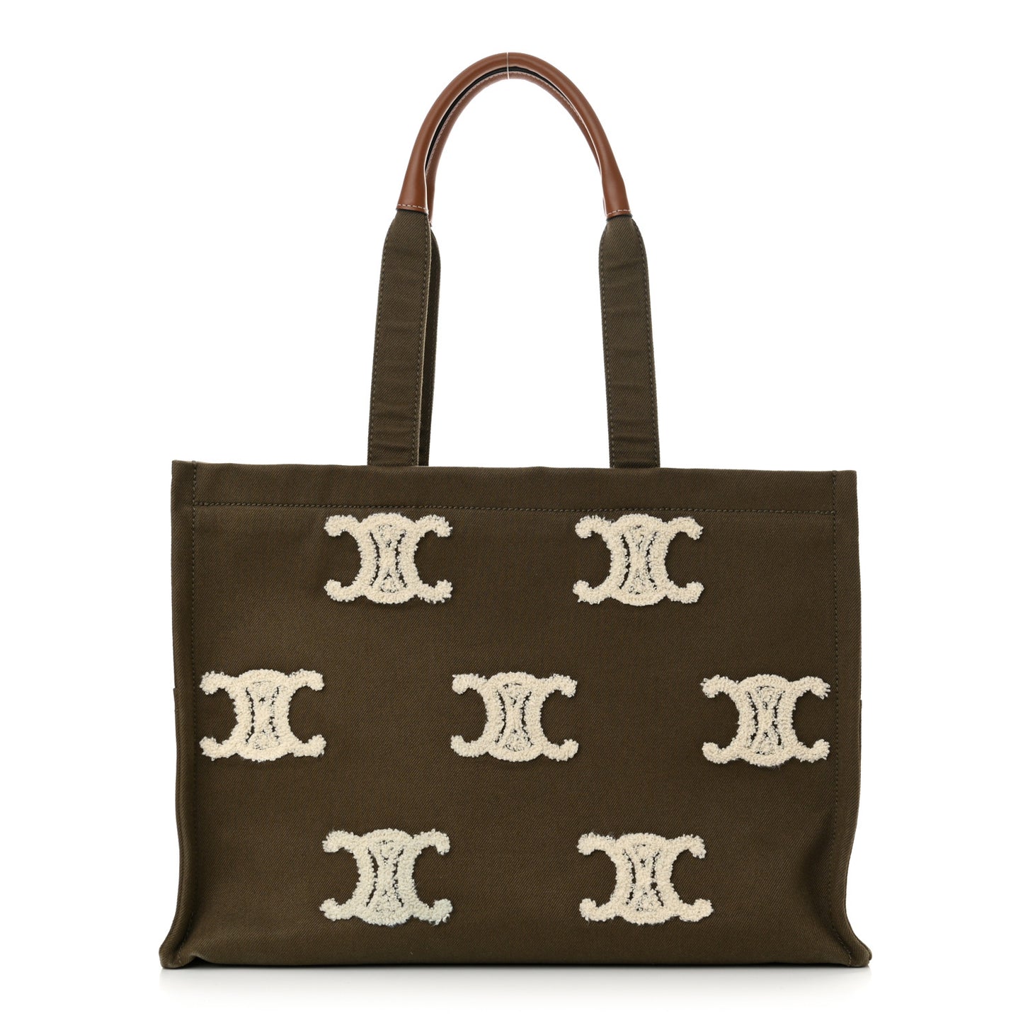 Canvas Calfskin Embroidered Triomphe Large Cabas Thais Khaki Tan