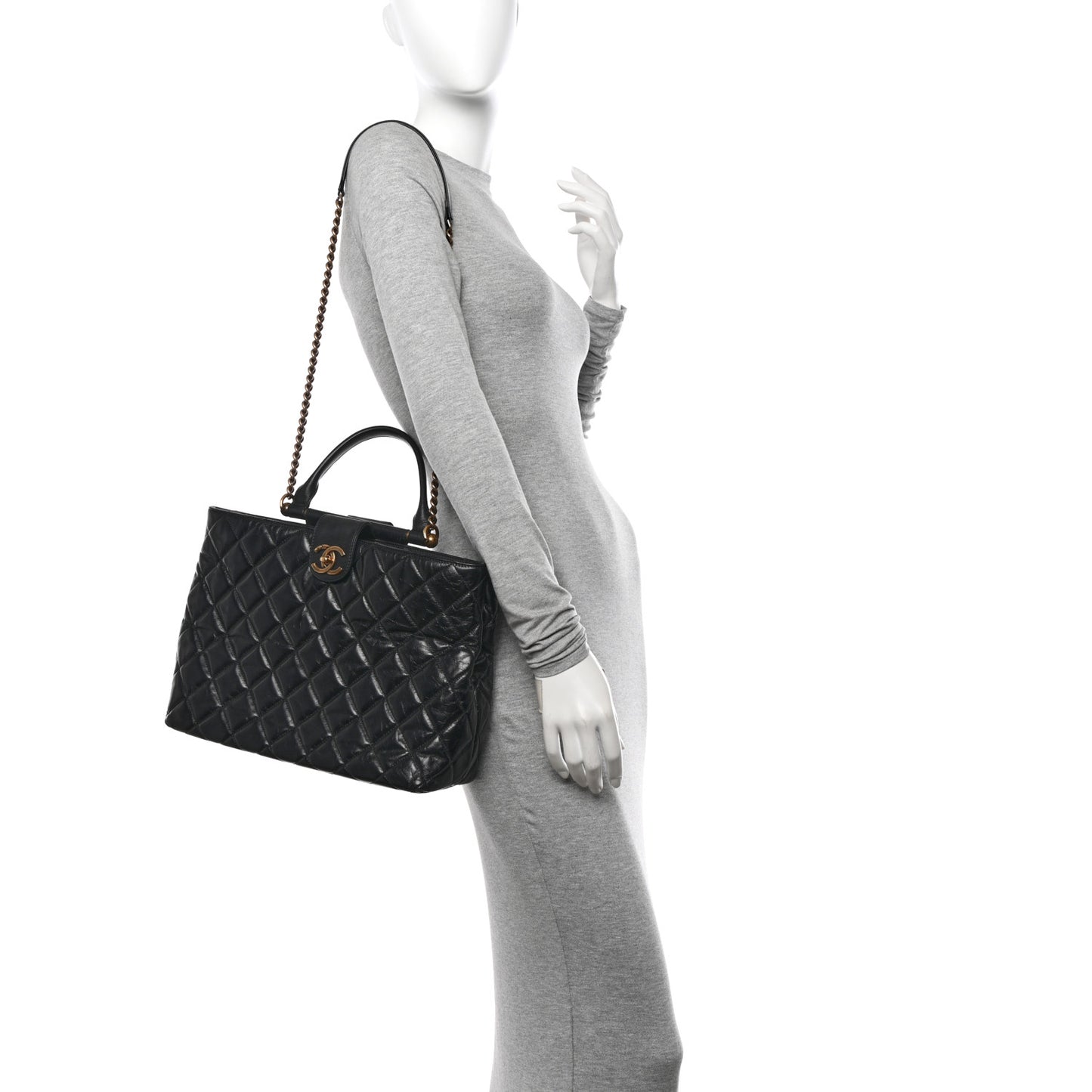 Glazed Calfskin Quilted Gold Bar Tote Black