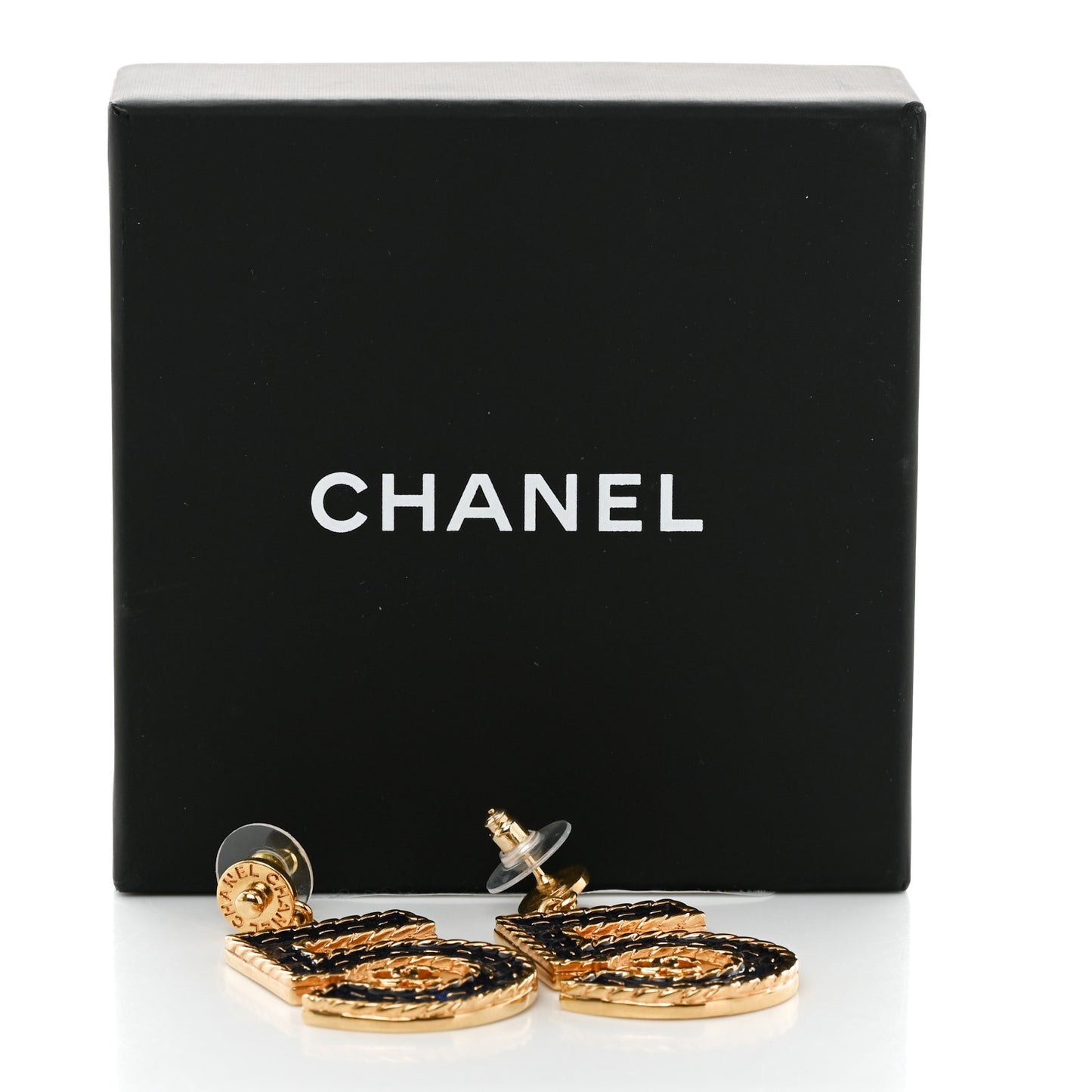Metal Enamel CC No 5 Rope Drop Earrings Gold Denim Blue