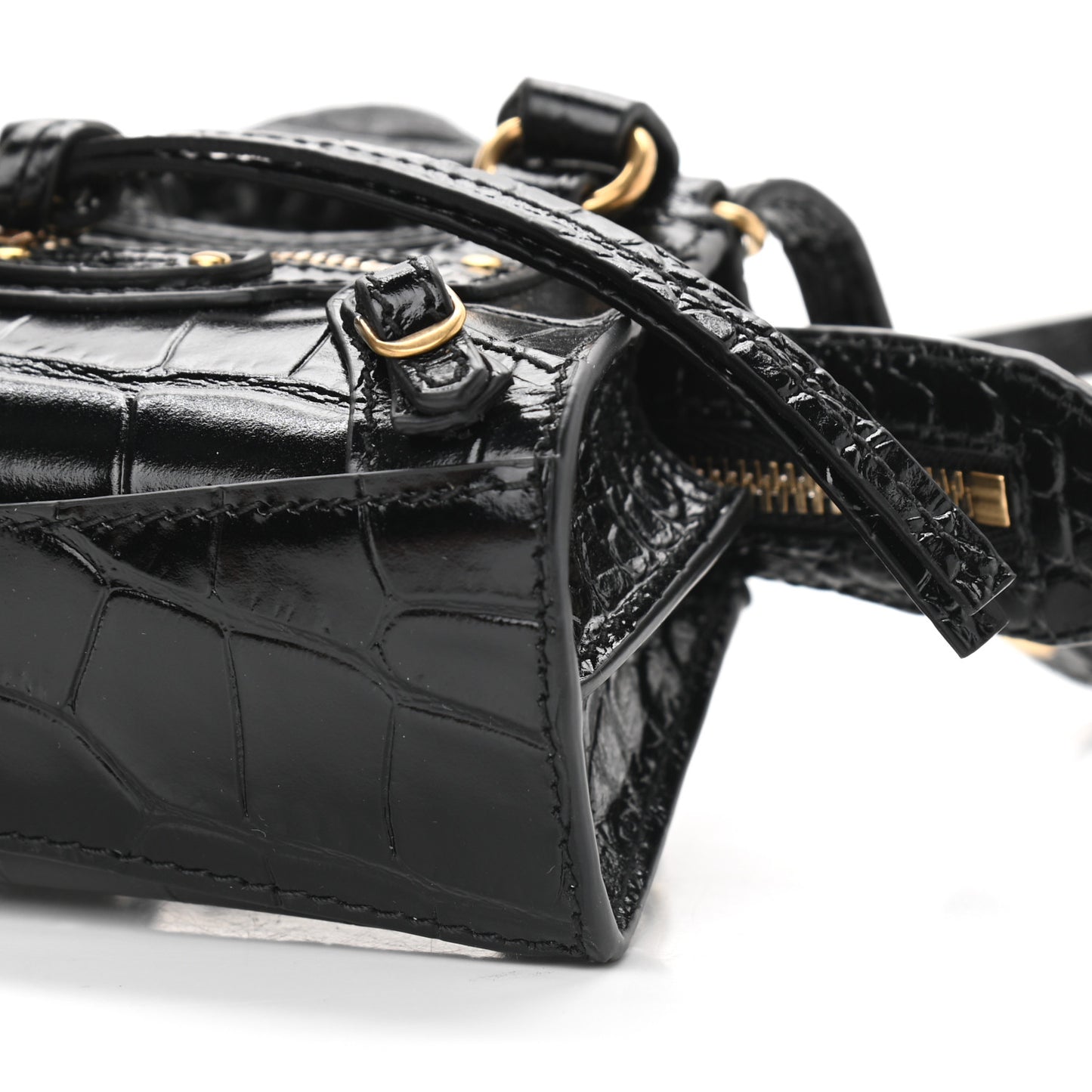 Shiny Supple Calfskin Crocodile Embossed Neo Classic Gold Hardware Super Nano City Crossbody Black