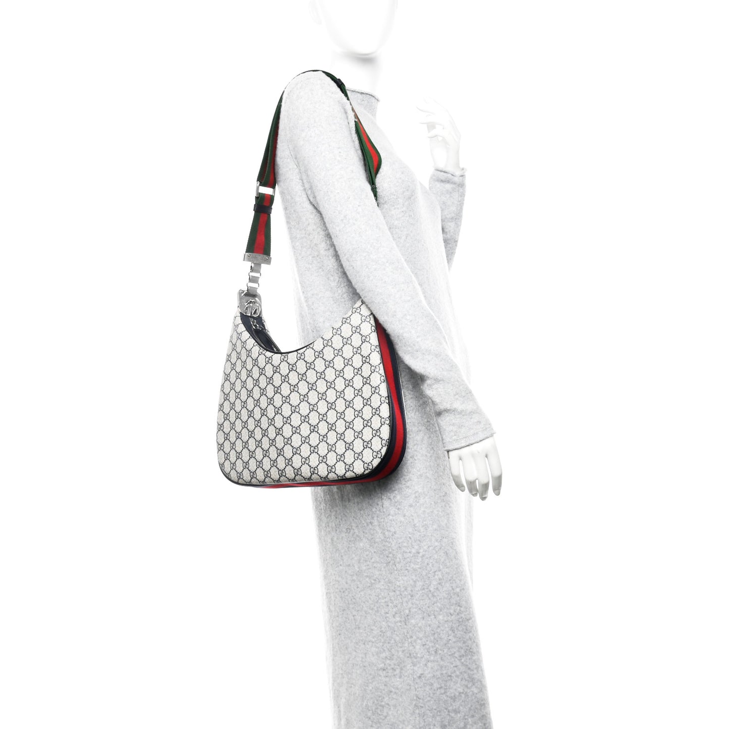 GG Supreme Monogram Textured Calfskin Web Large Attache Shoulder Bag Beige Blue