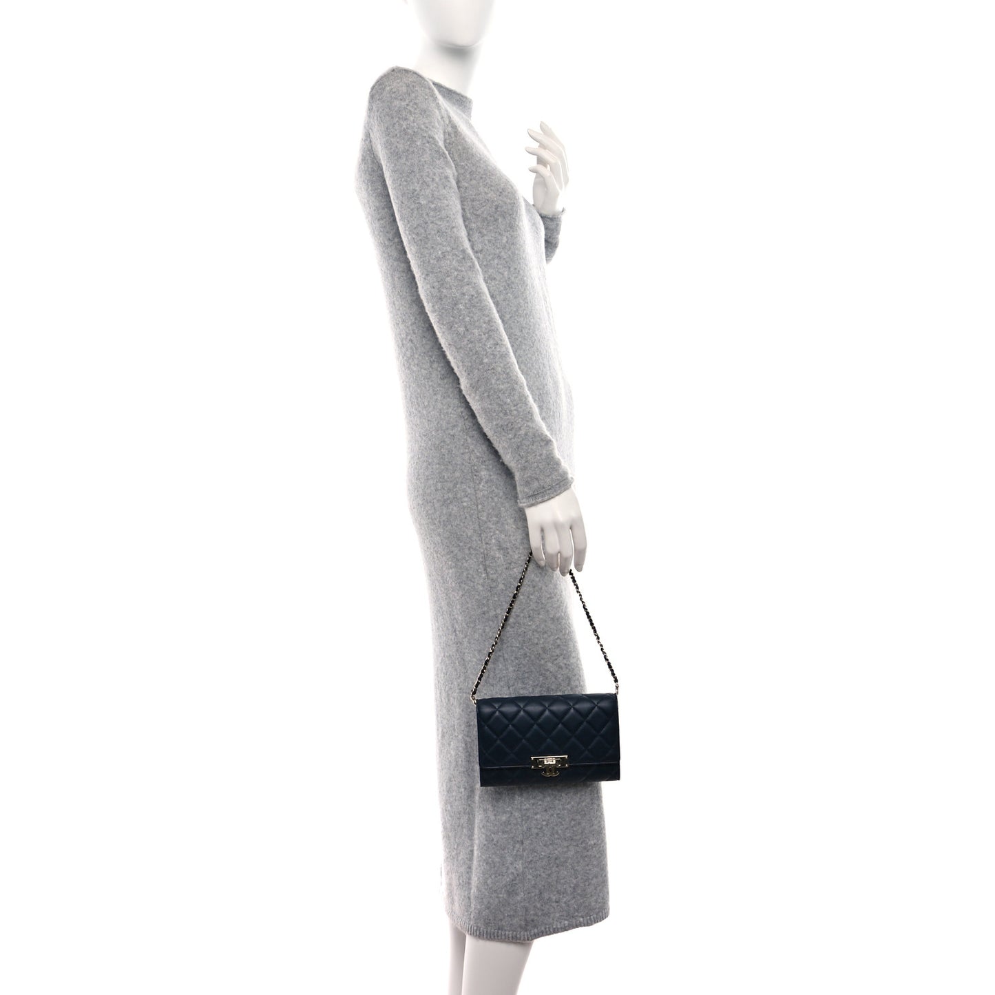 Lambskin Quilted Golden Class Clutch with Chain Navy Blue