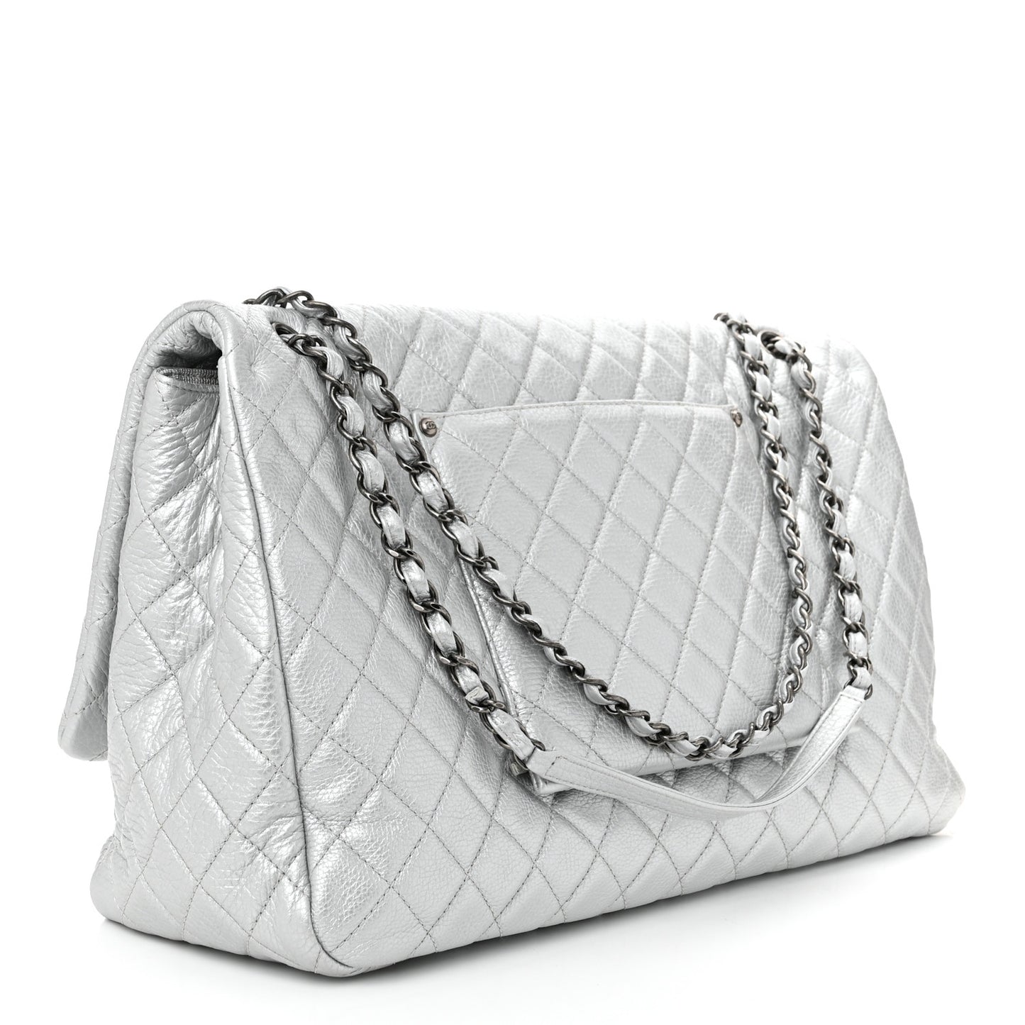 Metallic Calfskin Quilted XXL Travel Flap Bag Silver