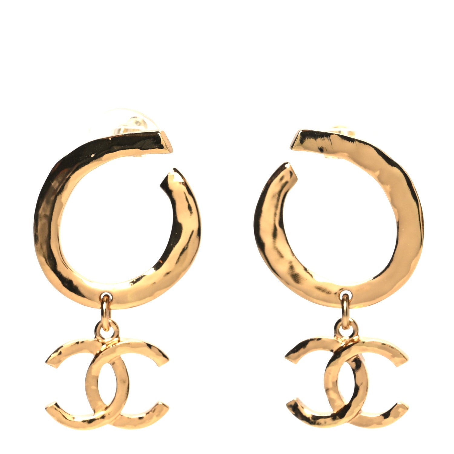 Chanel Metal Textured Hoop Drop CC Earrings Gold 1097559