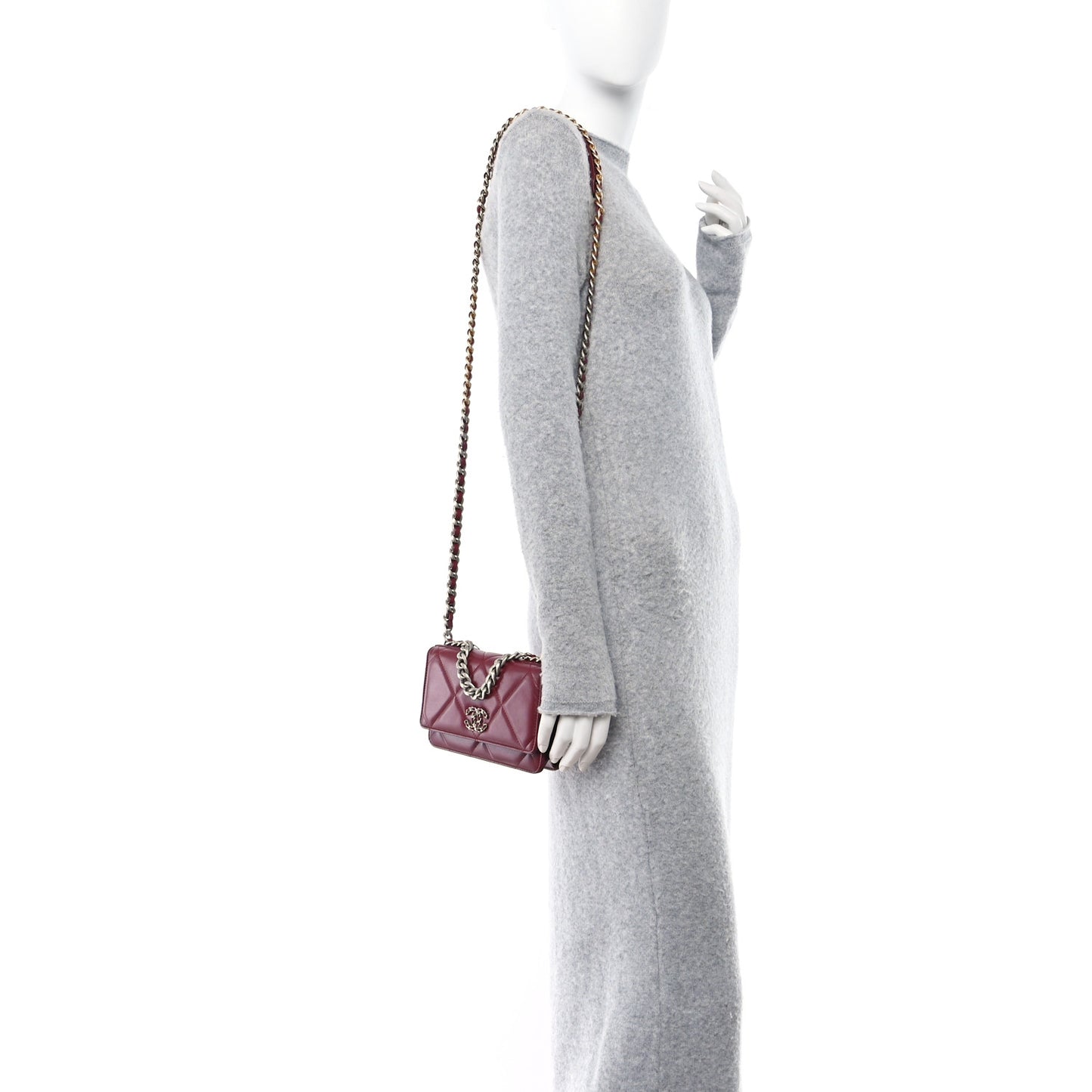 Lambskin Quilted Chanel 19 Wallet On Chain WOC Burgundy