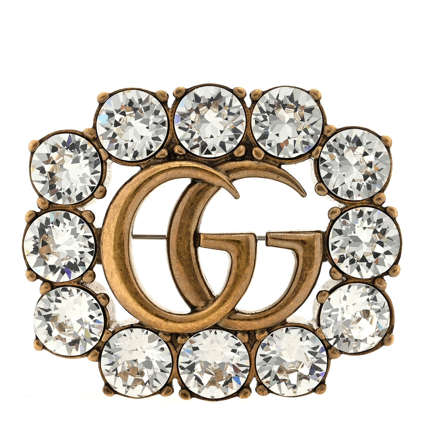 Metal Crystal Double G Brooch Aged Gold