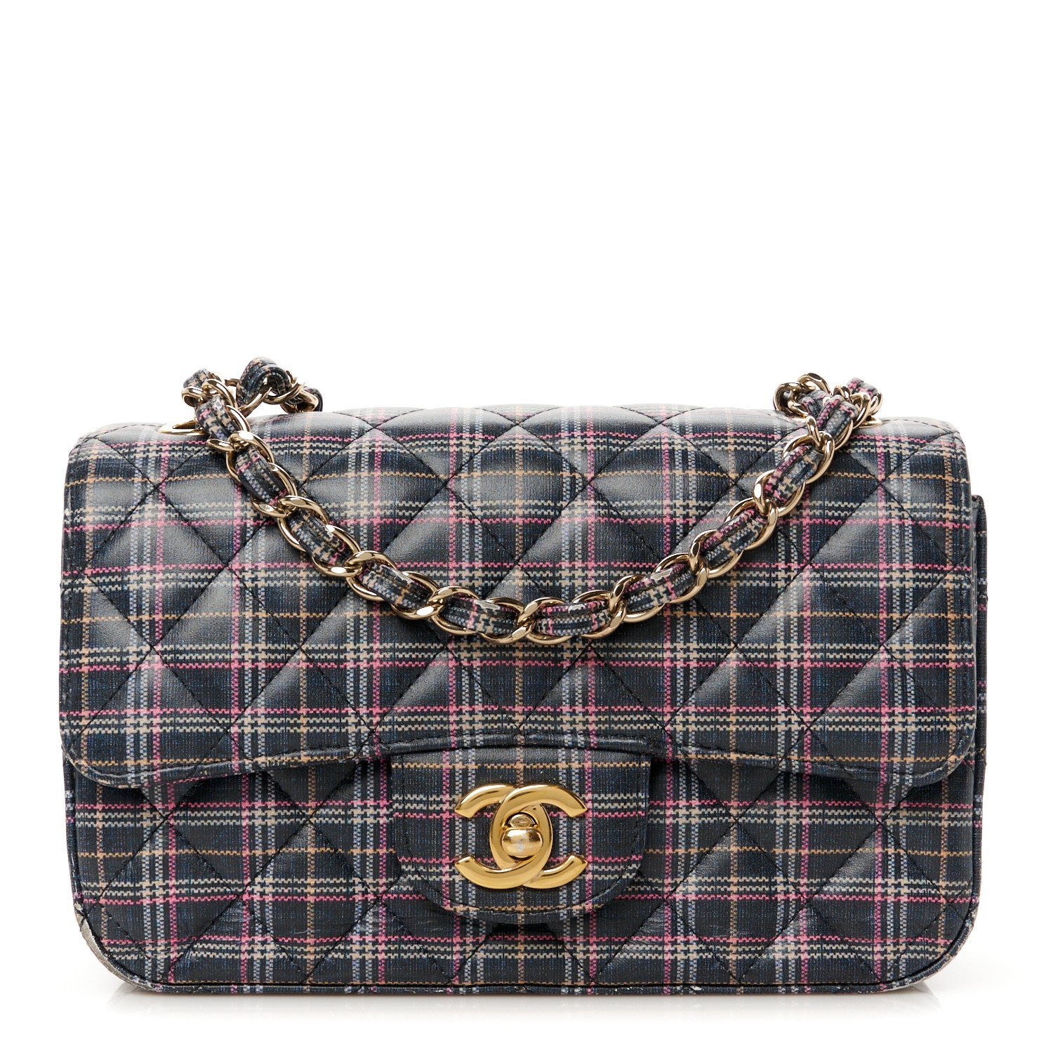 Chanel Calfskin Quilted Plaid Printed Small Single Flap Navy