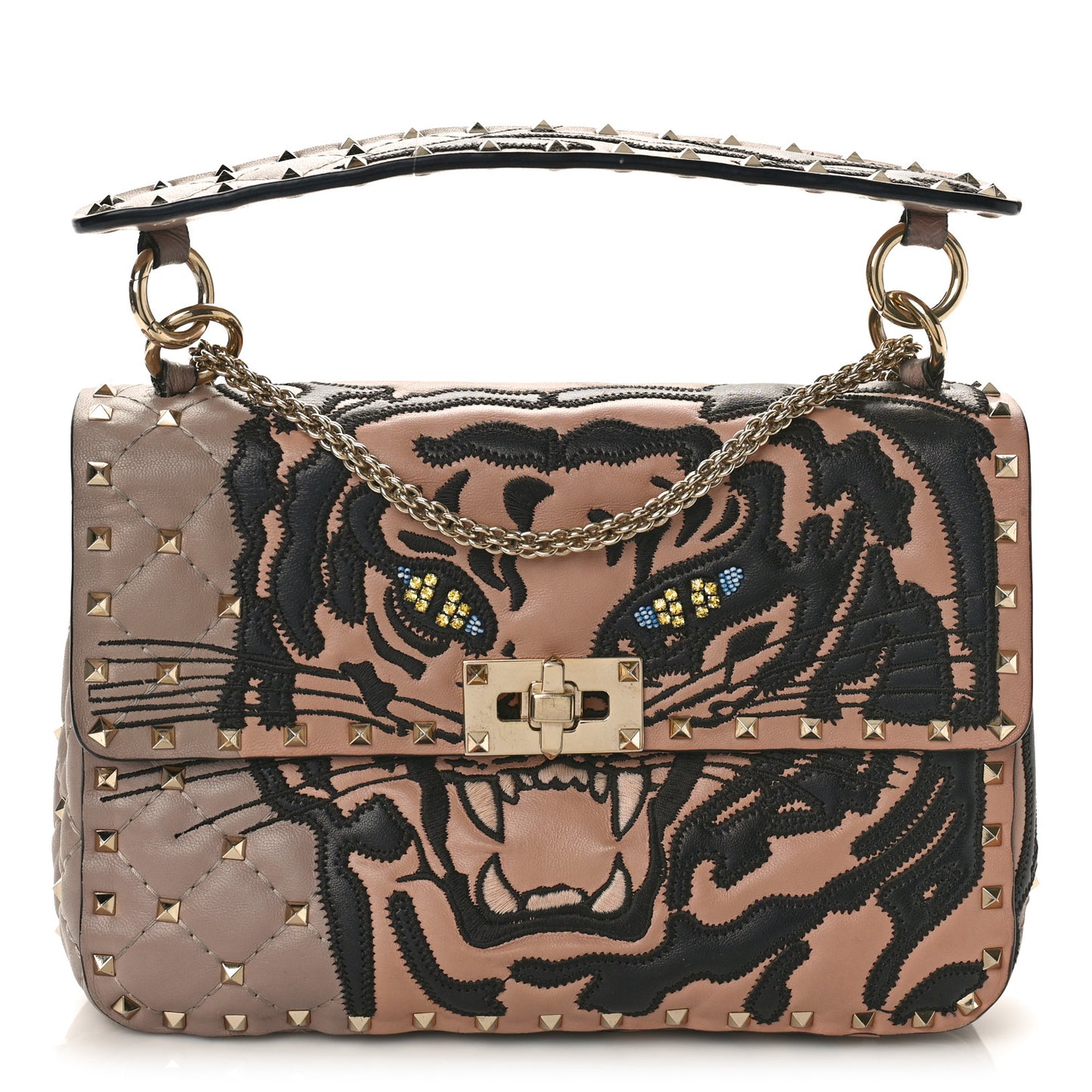 Nappa Crystal Tiger Medium Rockstud Spike Shoulder Bag Poudre
