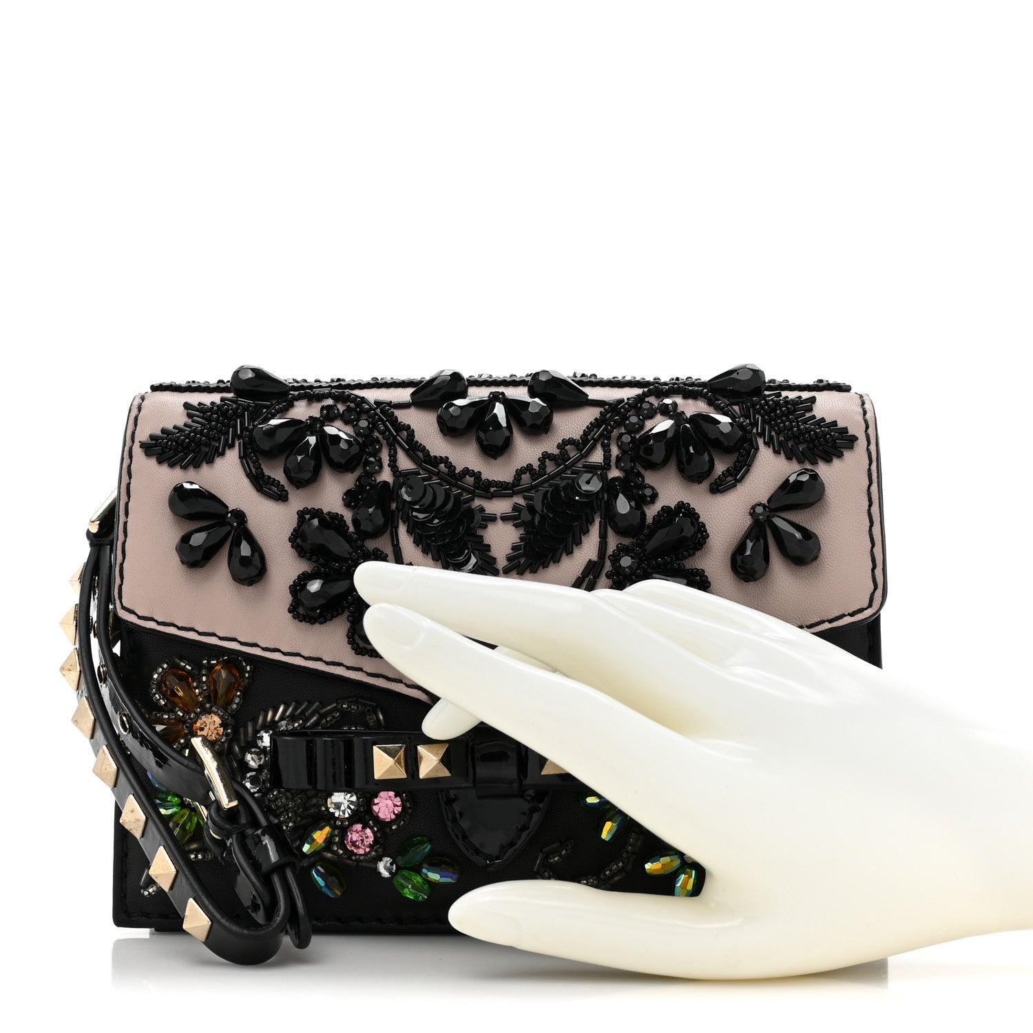 Valentino Garavani Calfskin Beaded Crystal Rockstud Bow Wristlet Clutch Black Poudre 2 of 14