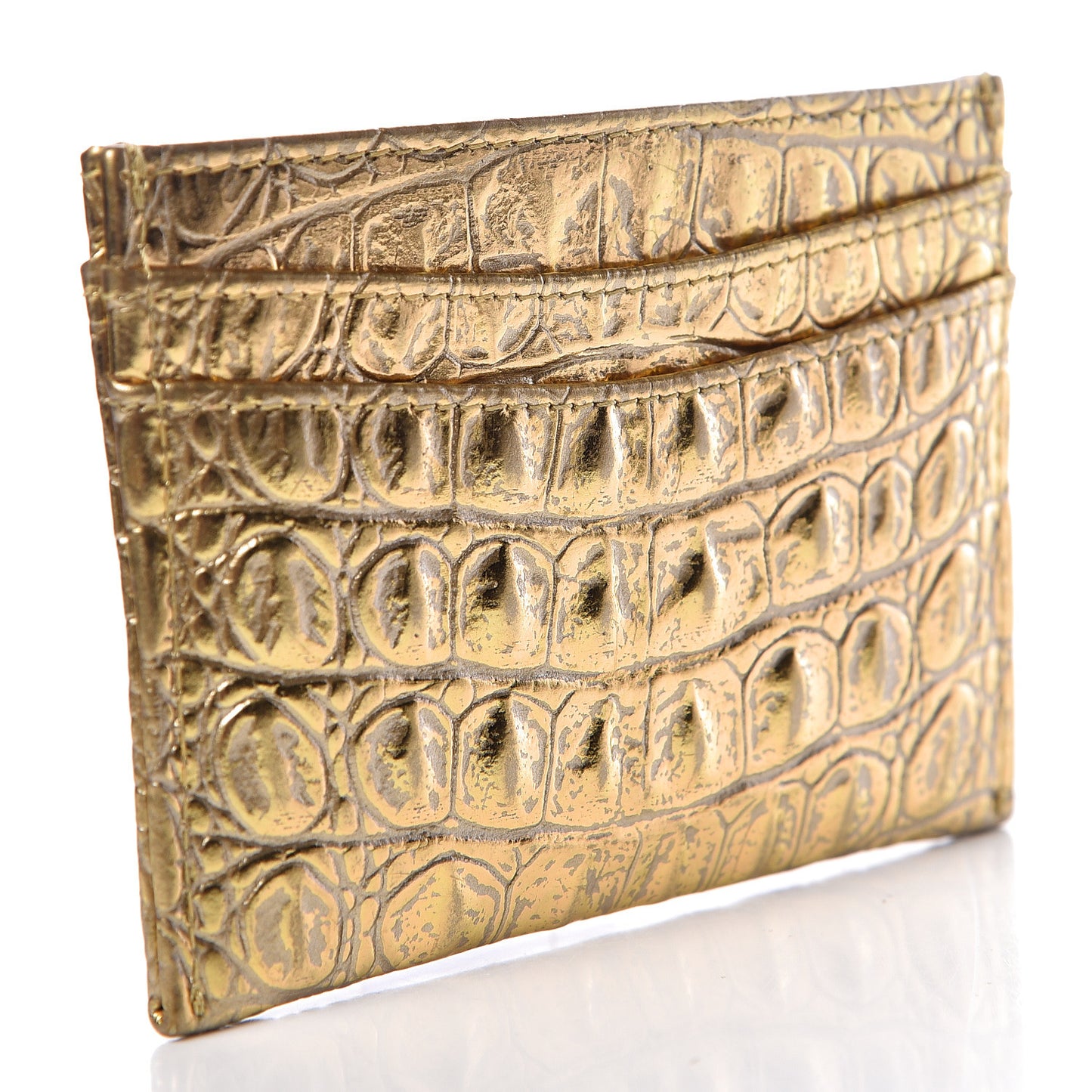 Metallic Calfskin Crocodile Embossed Cocodile Card Holder Gold