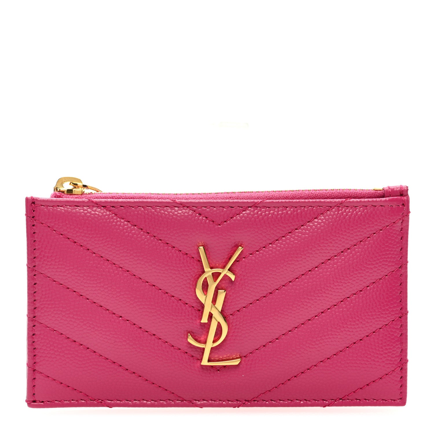 Saint Laurent Grain De Poudre Matelasse Chevron Monogram Fragments Zippered Card Case Fresh Fuxia 1 of 6