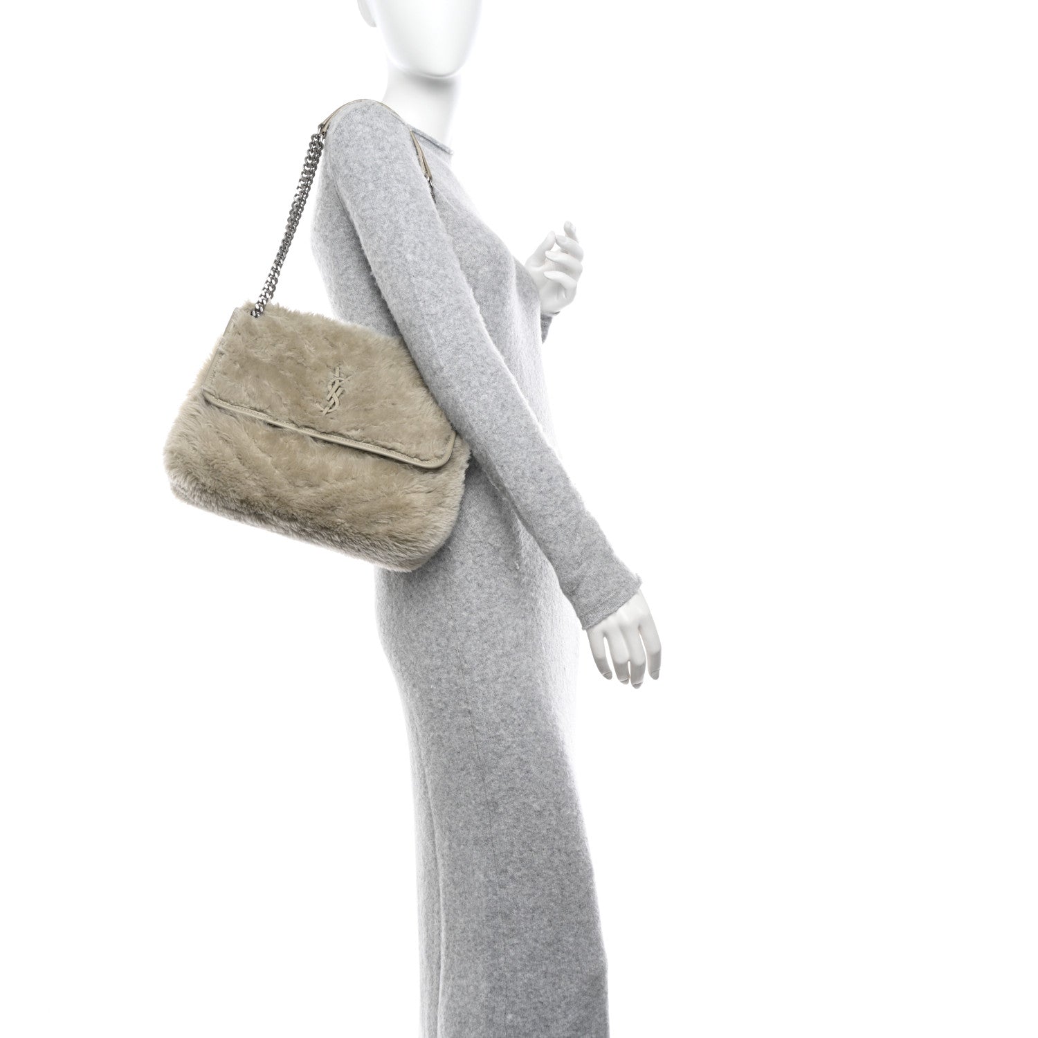 Saint Laurent Calfskin Shearling Monogram Medium Niki Chain Satchel Grey 2 of 10