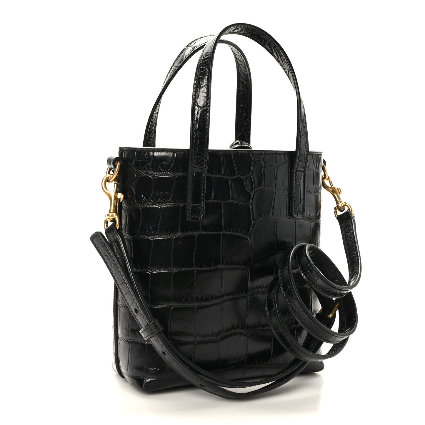 Calfskin Crocodile Embossed Paris Mini Toy Shopper Tote Black