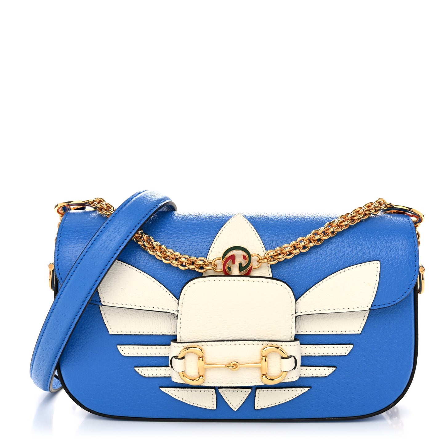 X ADIDAS Textured Dollar Calfskin Web Small Trefoil Horsebit 1955 Shoulder Bag Blue Off White