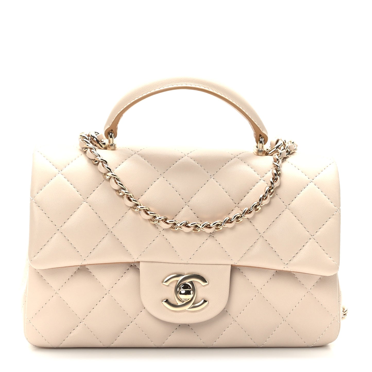 Lambskin Quilted Bi-Color Mini Top Handle Rectangular Flap Ecru Dark Beige