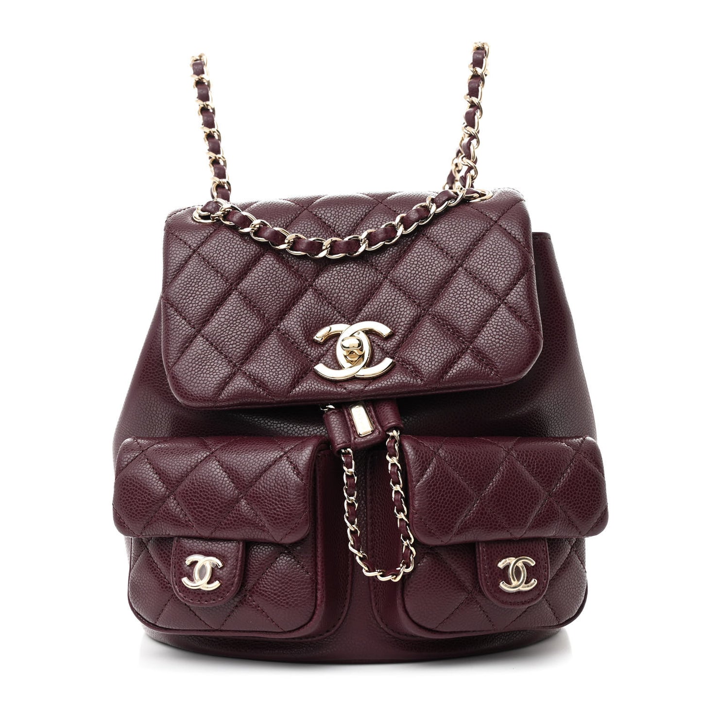 Shiny Caviar Quilted Medium Duma Pockets Drawstring Backpack Dark Burgundy