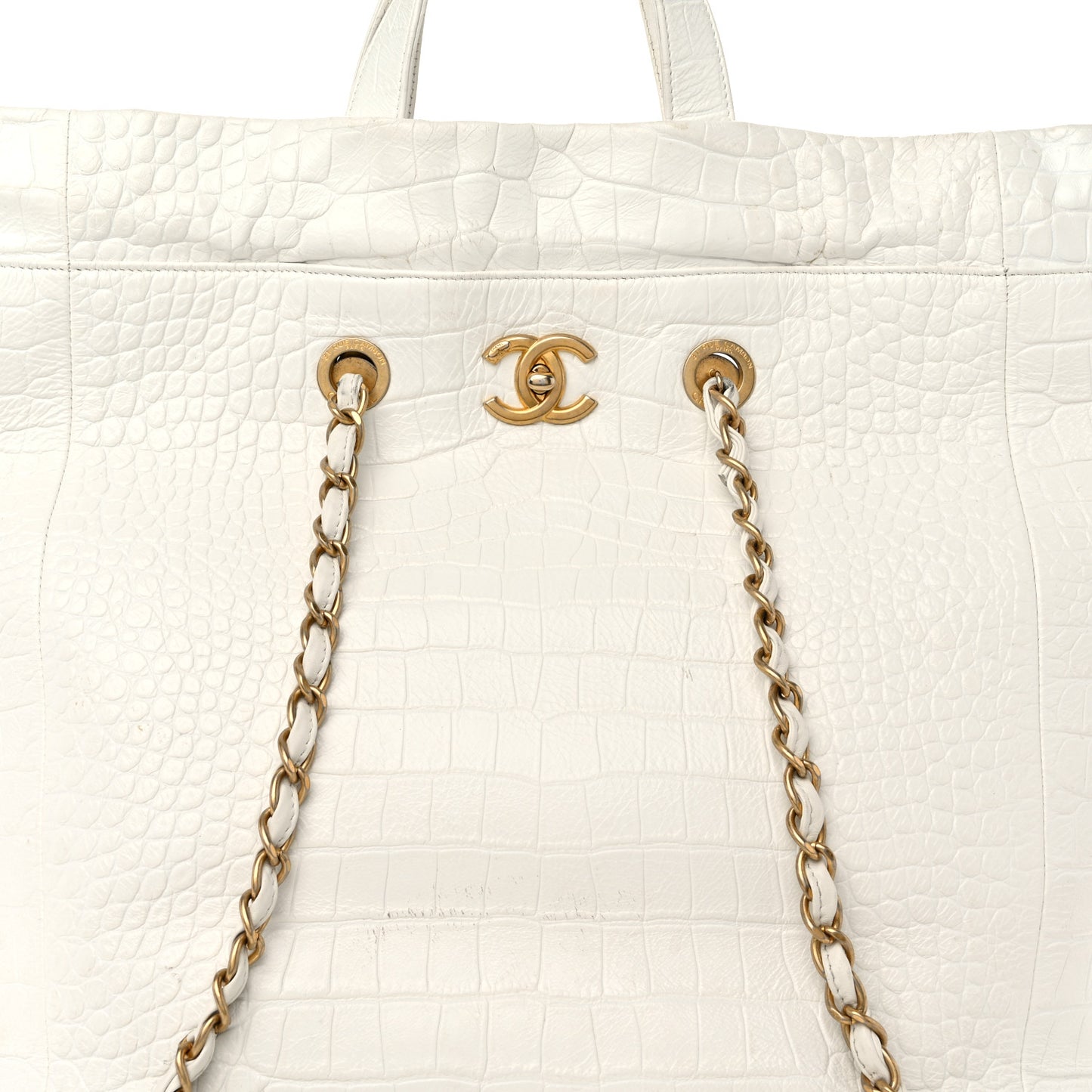 Calfskin Crocodile Embossed Large Cocodile Shopping Tote White