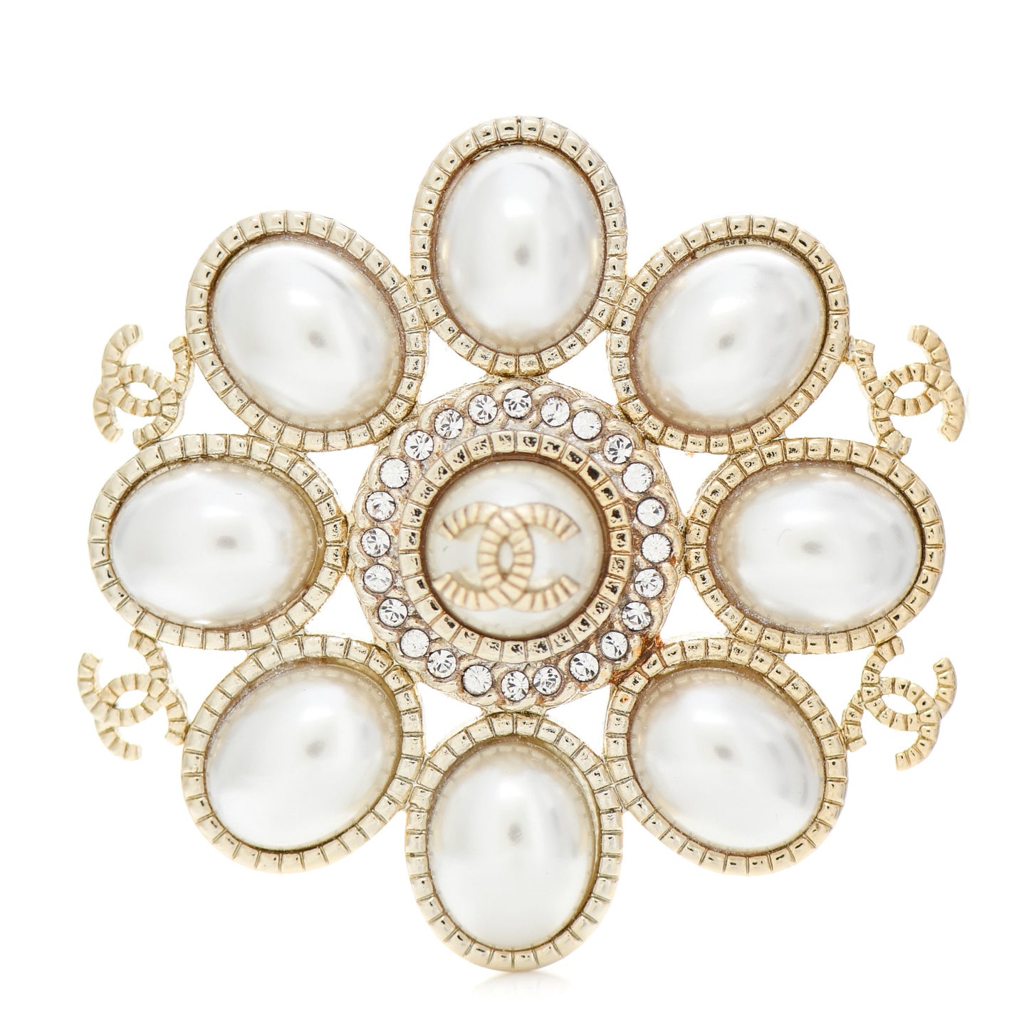 Pearl Crystal CC Brooch Pearly White Gold