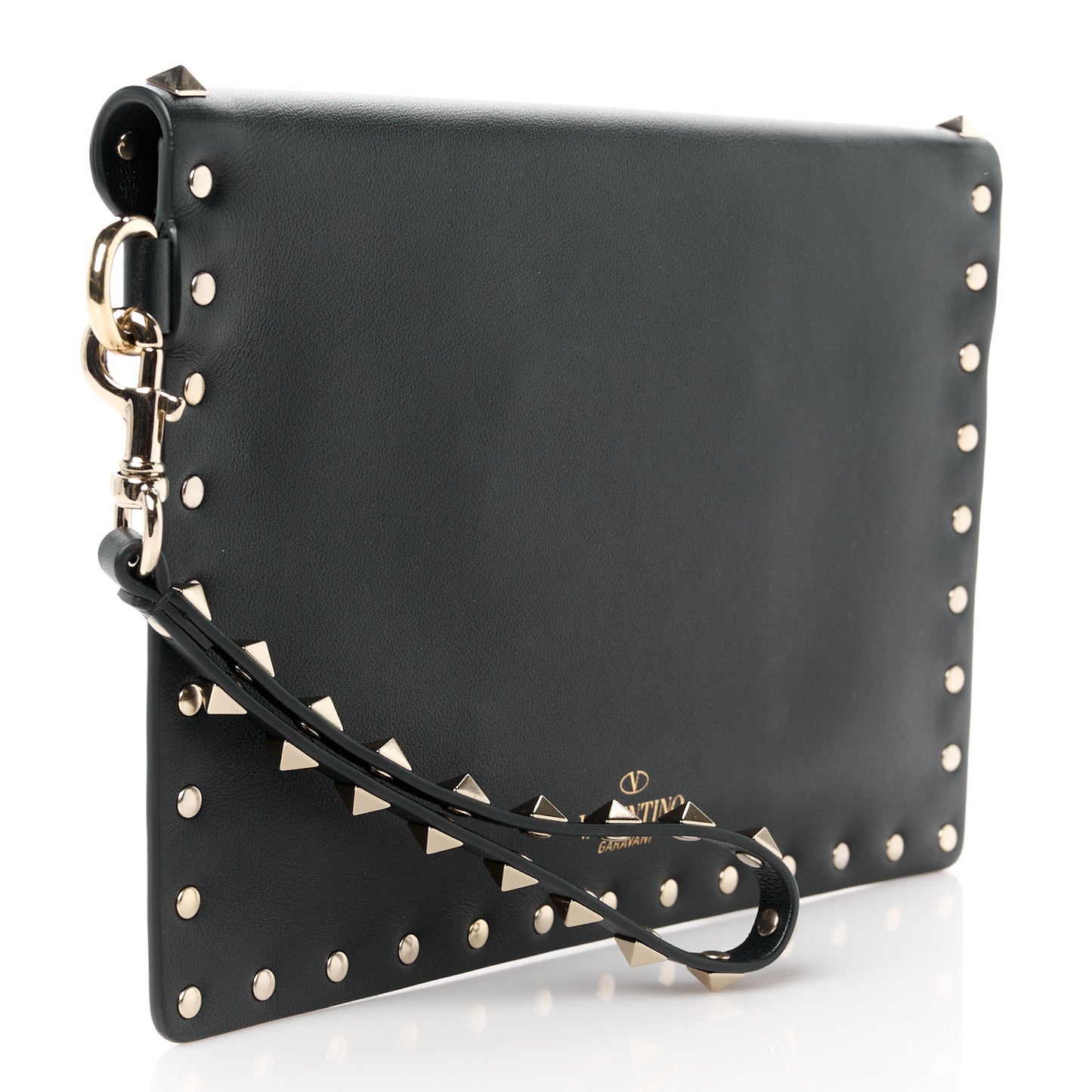 Vitello Medium Rockstud Envelope Flat Wristlet Pouch Black
