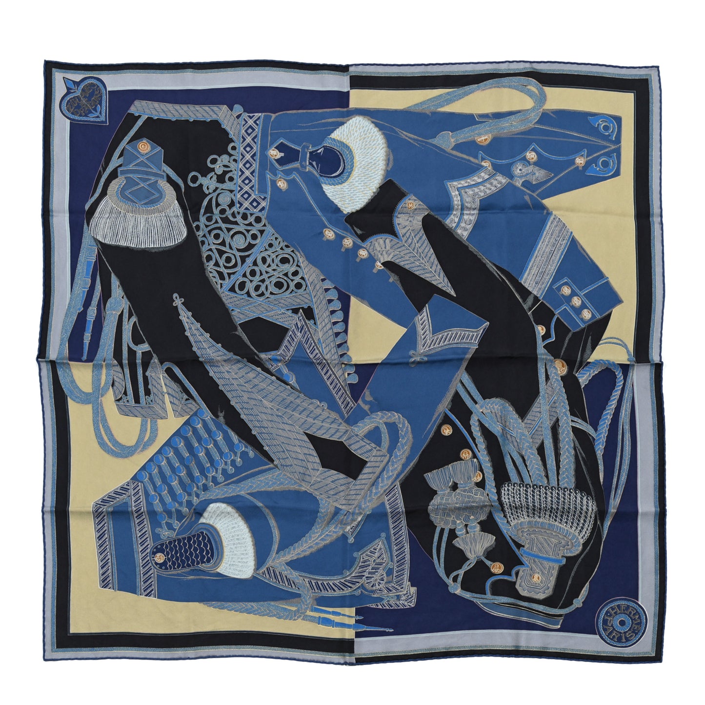 Silk Zouaves Et Dragons Wash Scarf 90 Marine Beige Black
