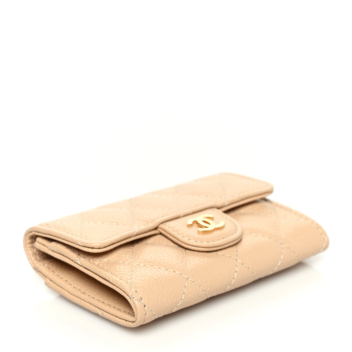 Caviar Quilted Flap Card Holder Wallet Beige