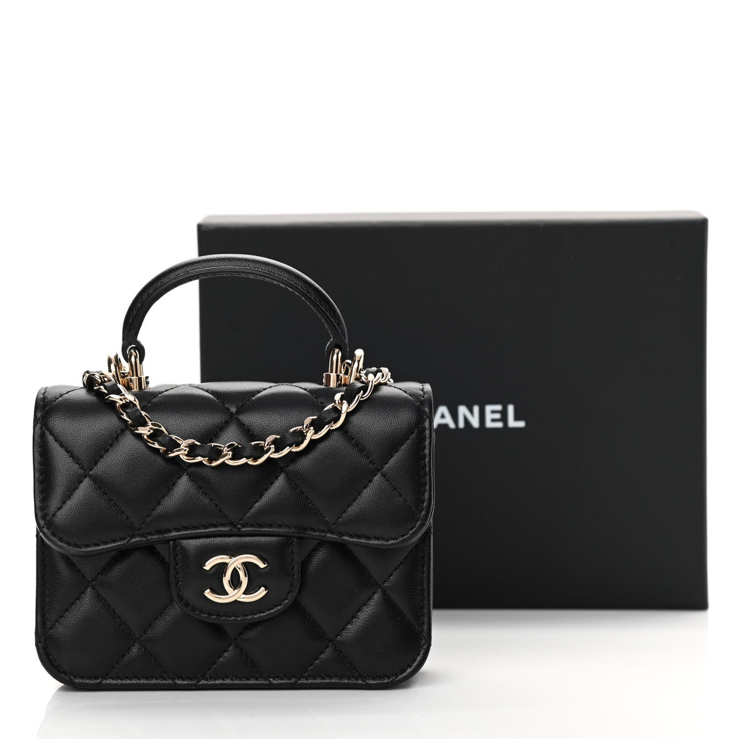 Lambskin Quilted Top Handle Flap Coin Purse With Chain Black