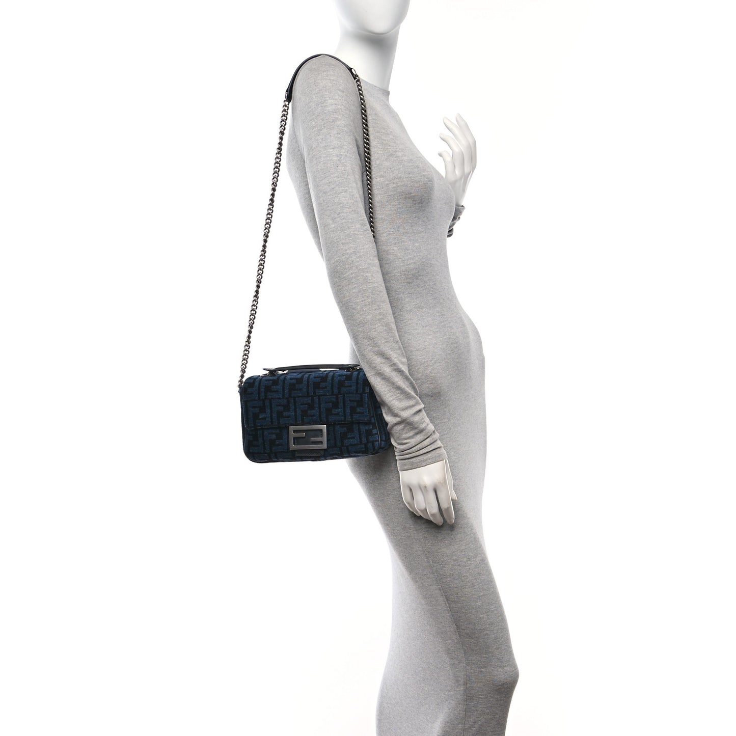 Chenille Vitello Seta FF Midi Chain Baguette Blue Black