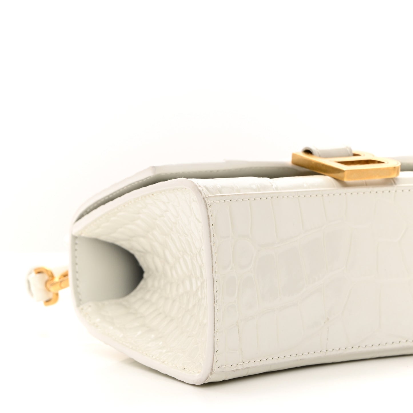 Shiny Calfskin Crocodile Embossed Hourglass Top Handle Bag XS White