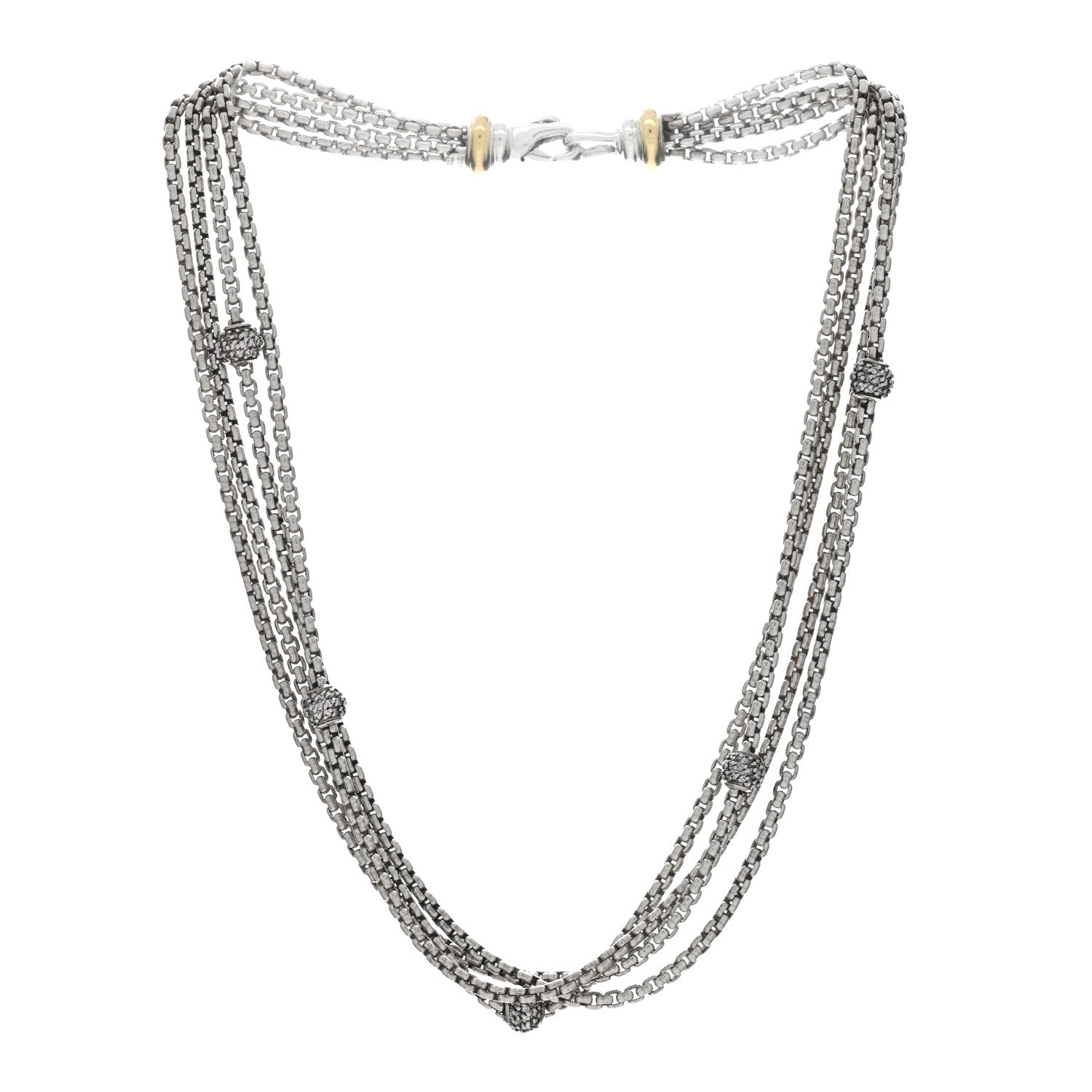 David Yurman Sterling Silver 18K Yellow Gold Diamond Box Chain Four Strand Necklace 2 of 4