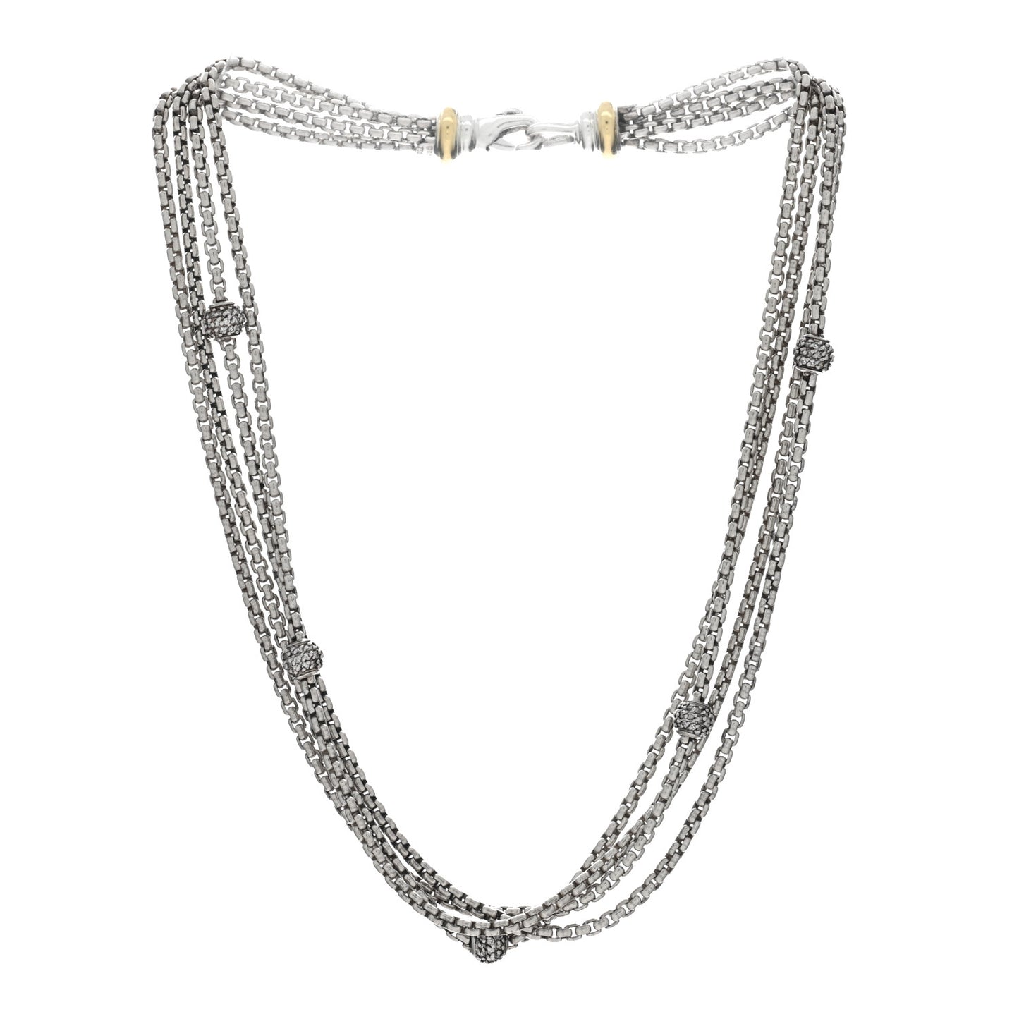 Sterling Silver 18K Yellow Gold Diamond Box Chain Four Strand Necklace