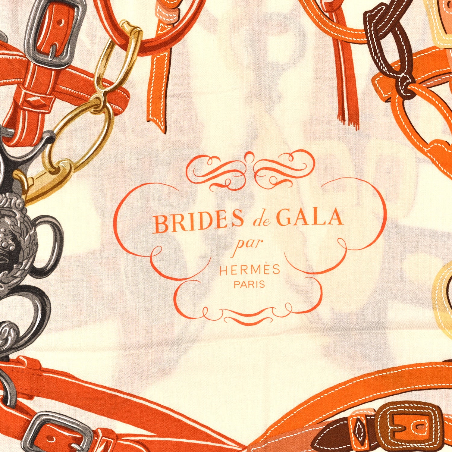 Hermes Silk Cashmere Brides De Gala Applique Pique Shawl 140 Orange White Roux 2 of 5