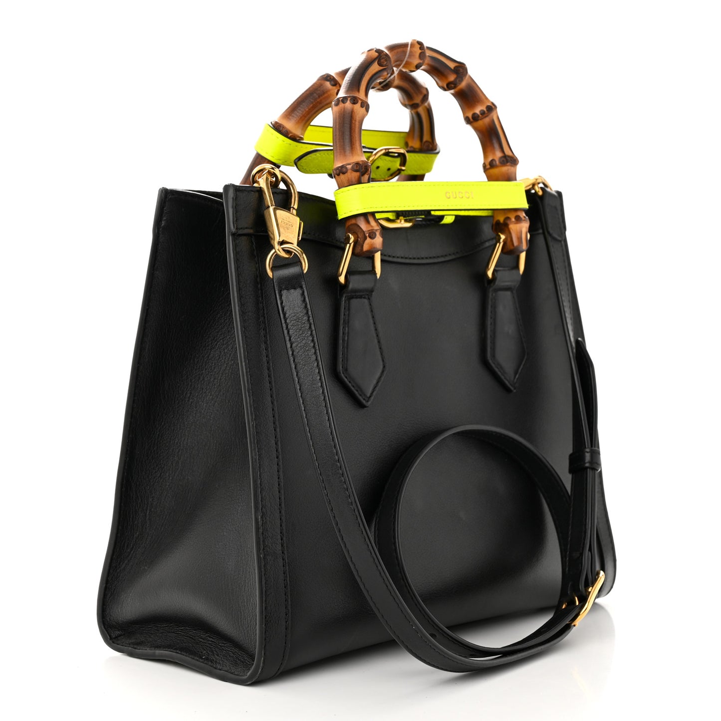Calfskin Small Diana Tote Bag Black Yellow Fluo