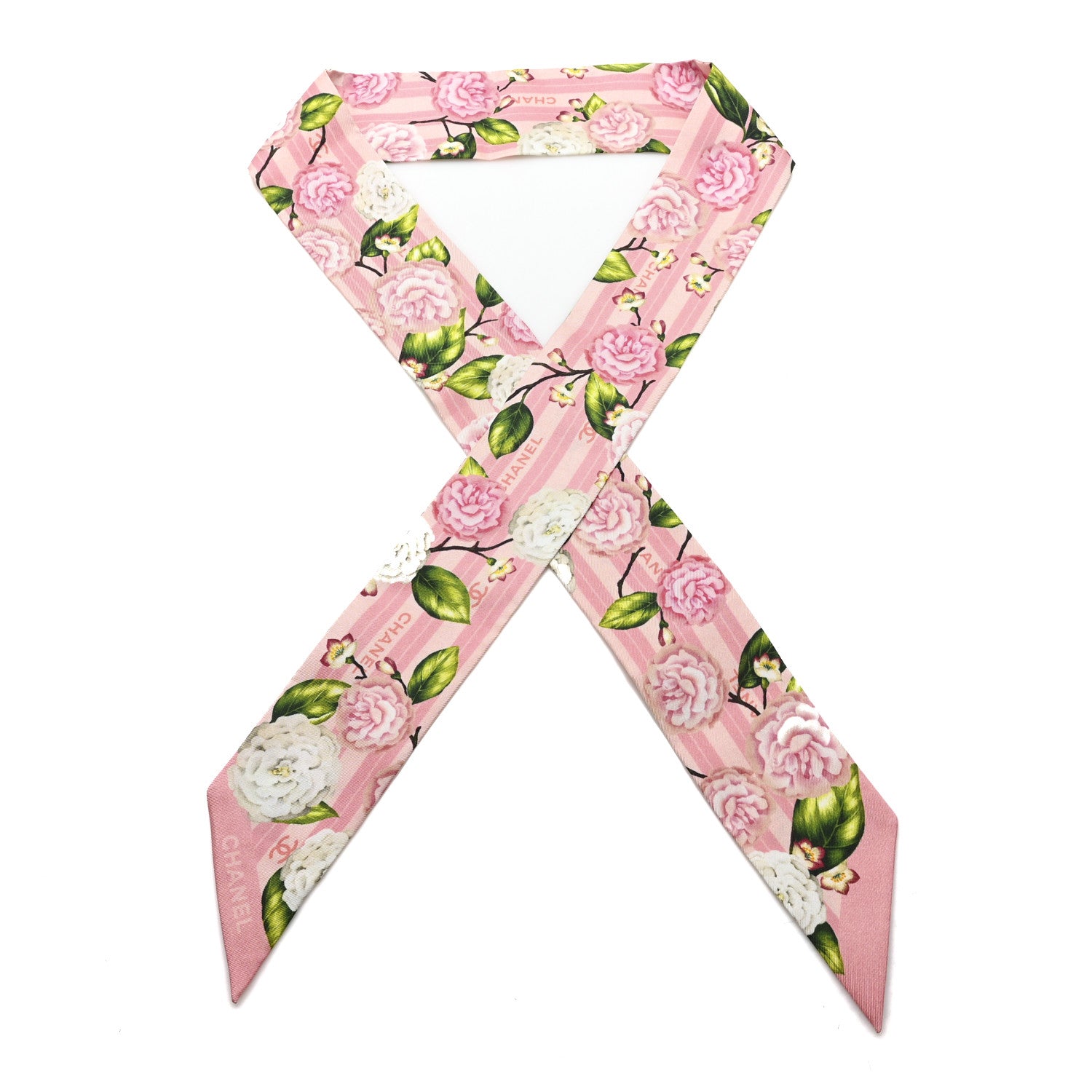 Chanel Silk Twill CC Floral Slim Bandeau Light Pink Green 1764874