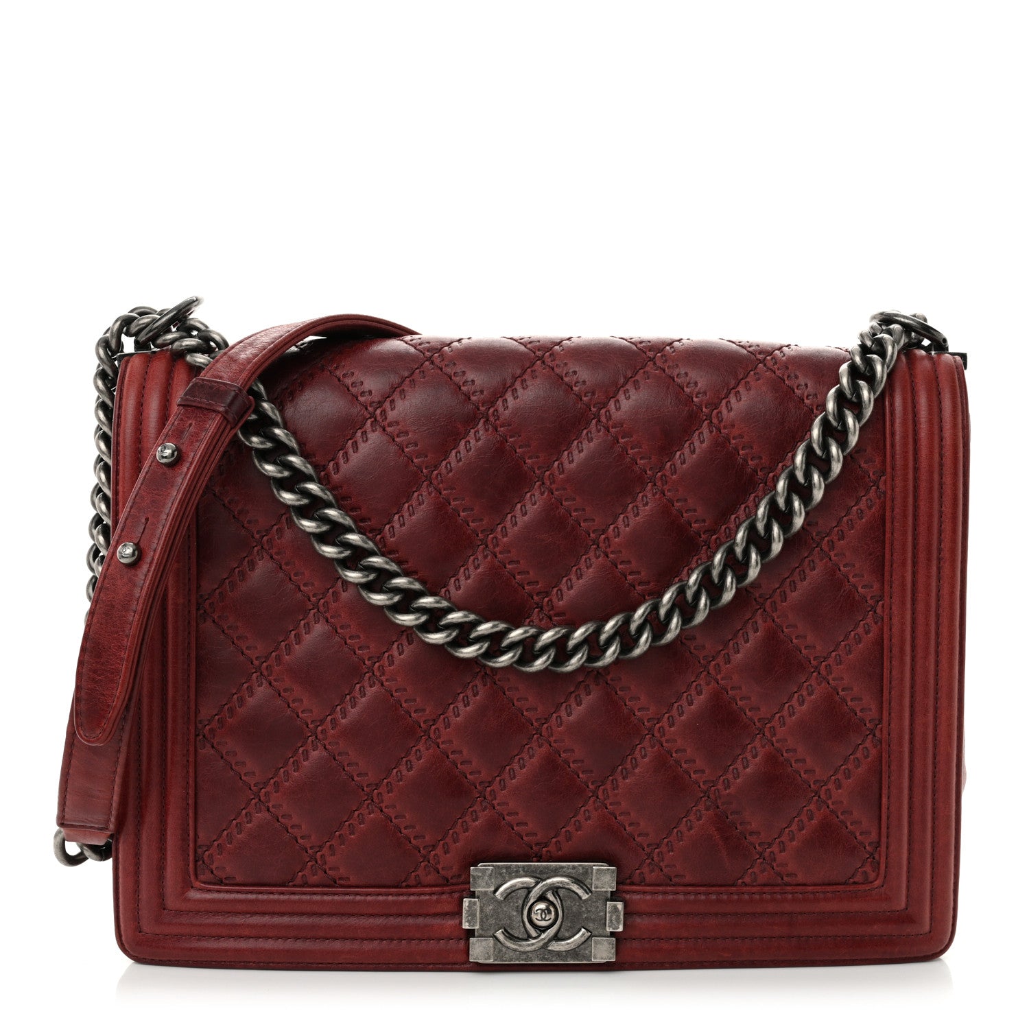 Chanel Calfskin Quilted Double Stitch Large Boy Flap Burgundy 1 of 10