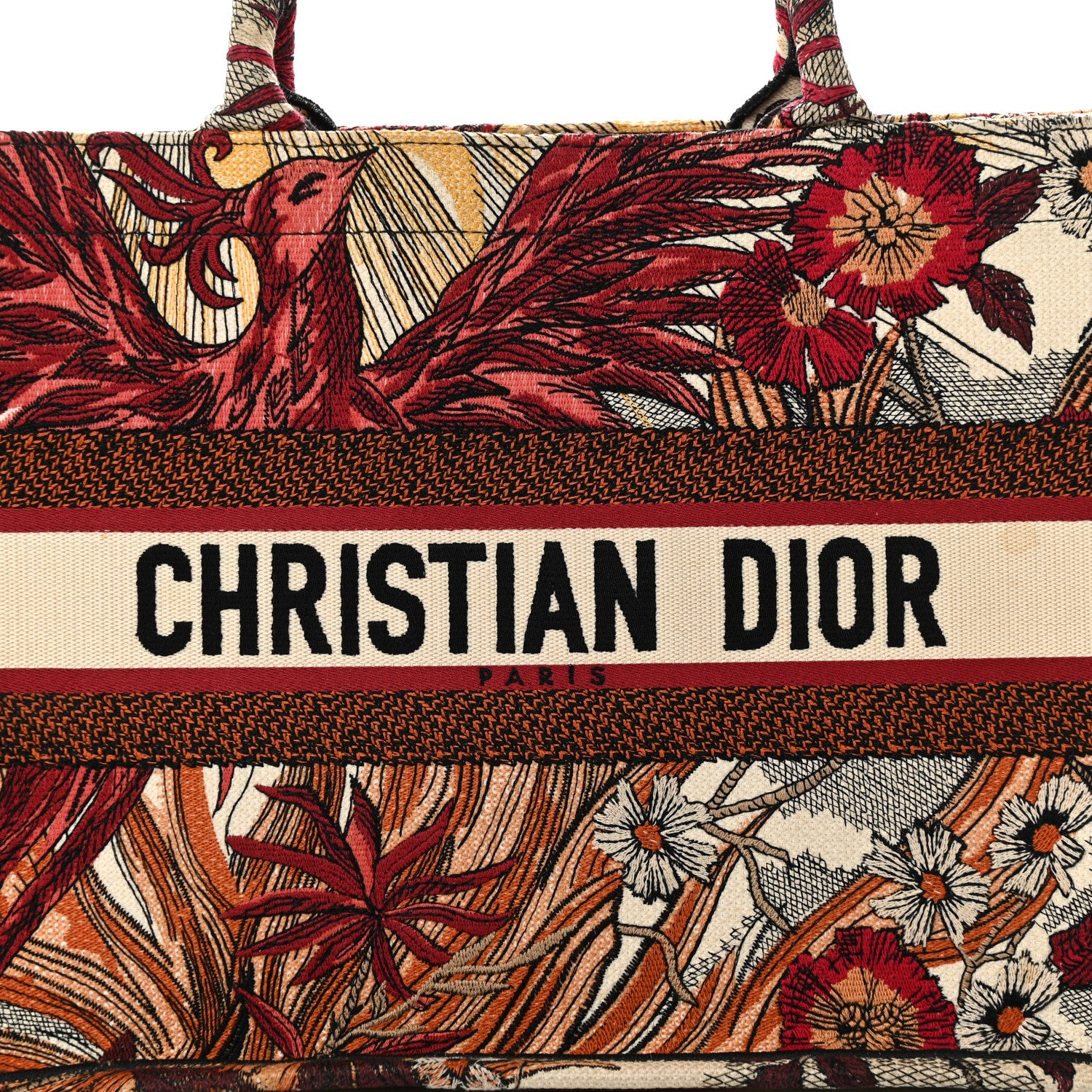 Christian Dior Canvas Embroidered Phoenix Medium Book Tote Red Multicolor 8 of 13