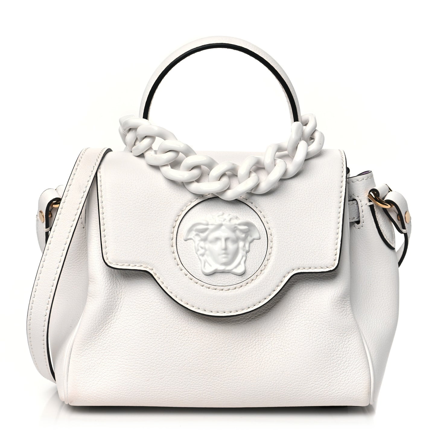 Grained Calfskin Small La Medusa Top Handle Bag White