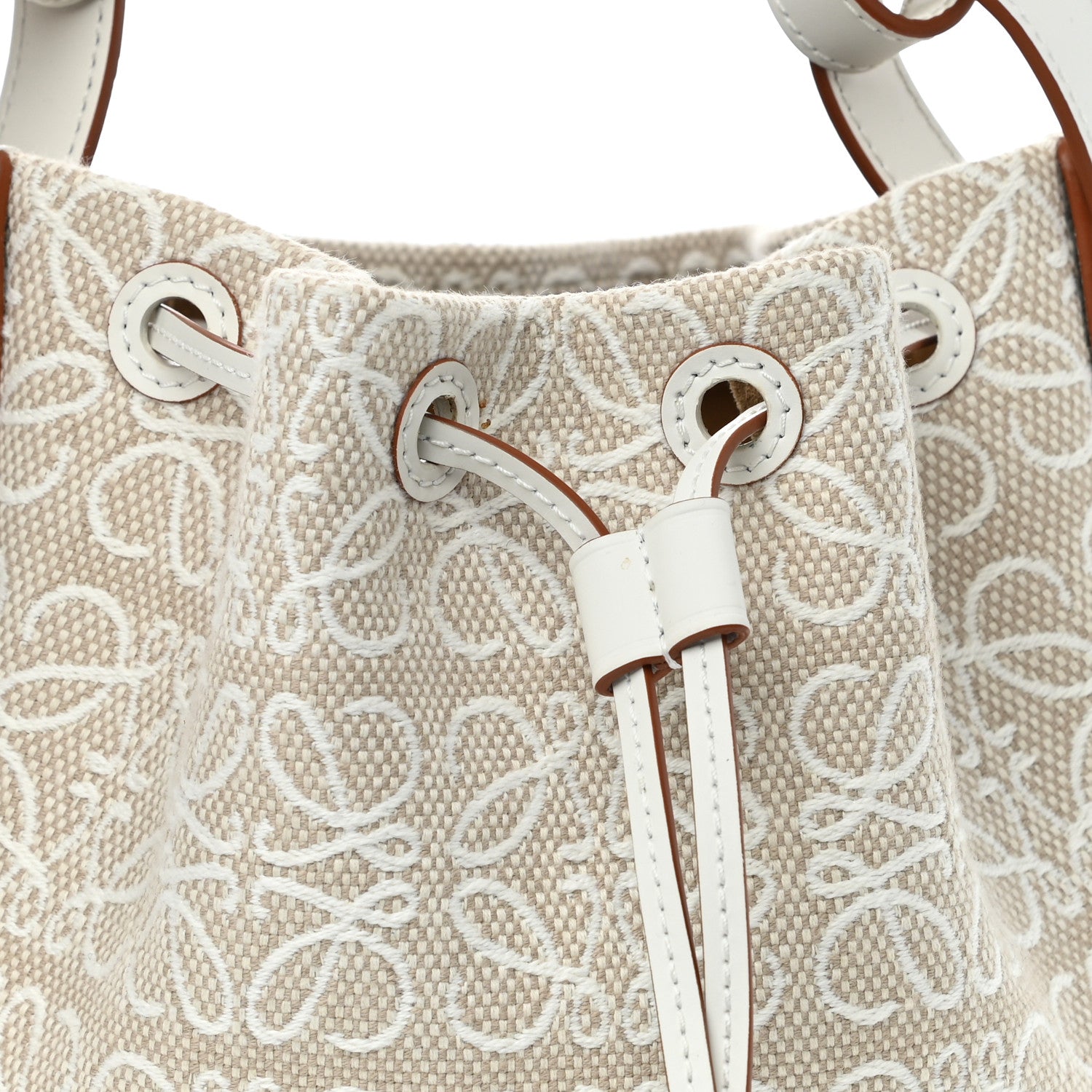 Loewe Calfskin Jacquard Linen Anagram Embroidered Small Balloon Bucket Bag Ecru White 8 of 10
