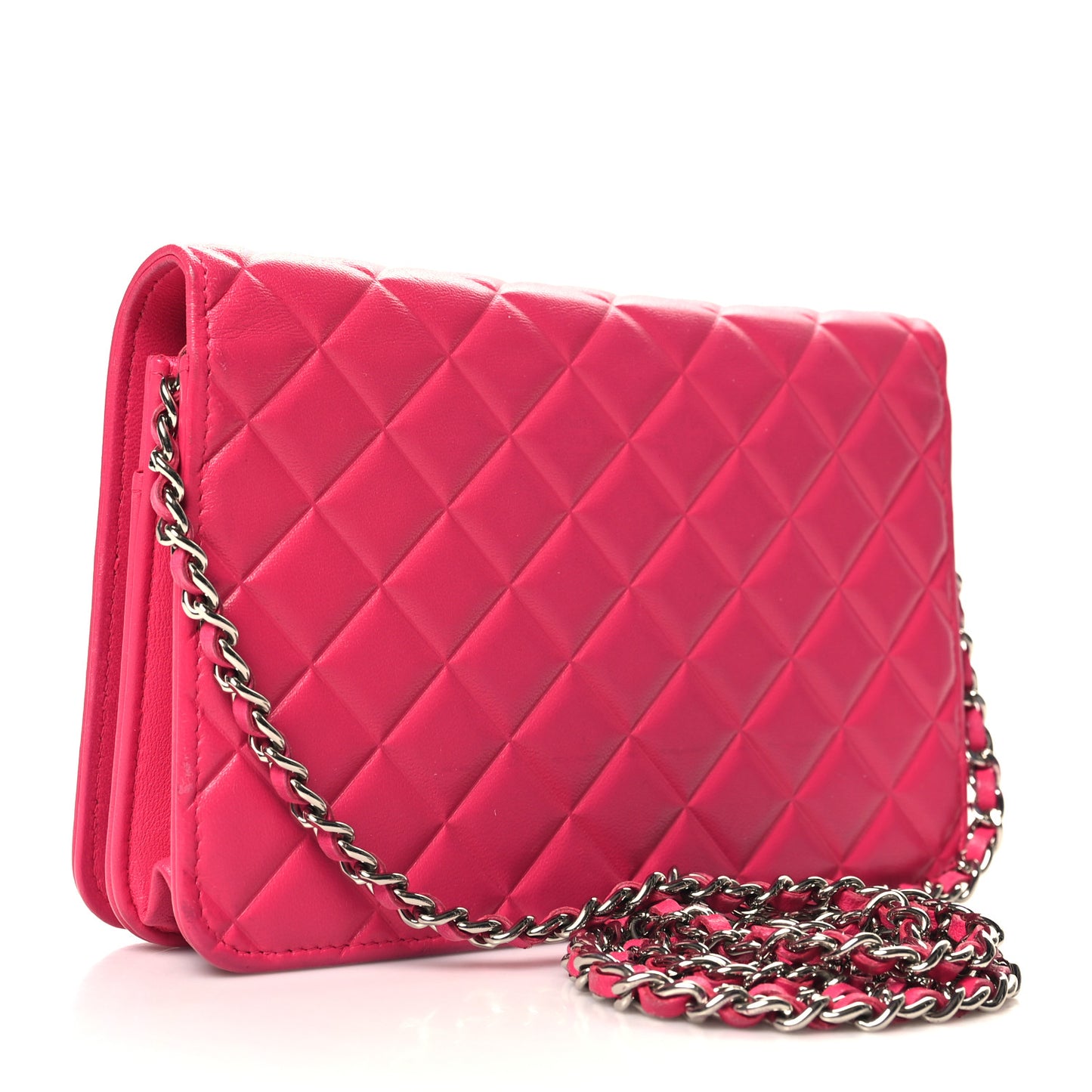 Lambskin Quilted Diamond CC Wallet On Chain WOC Pink