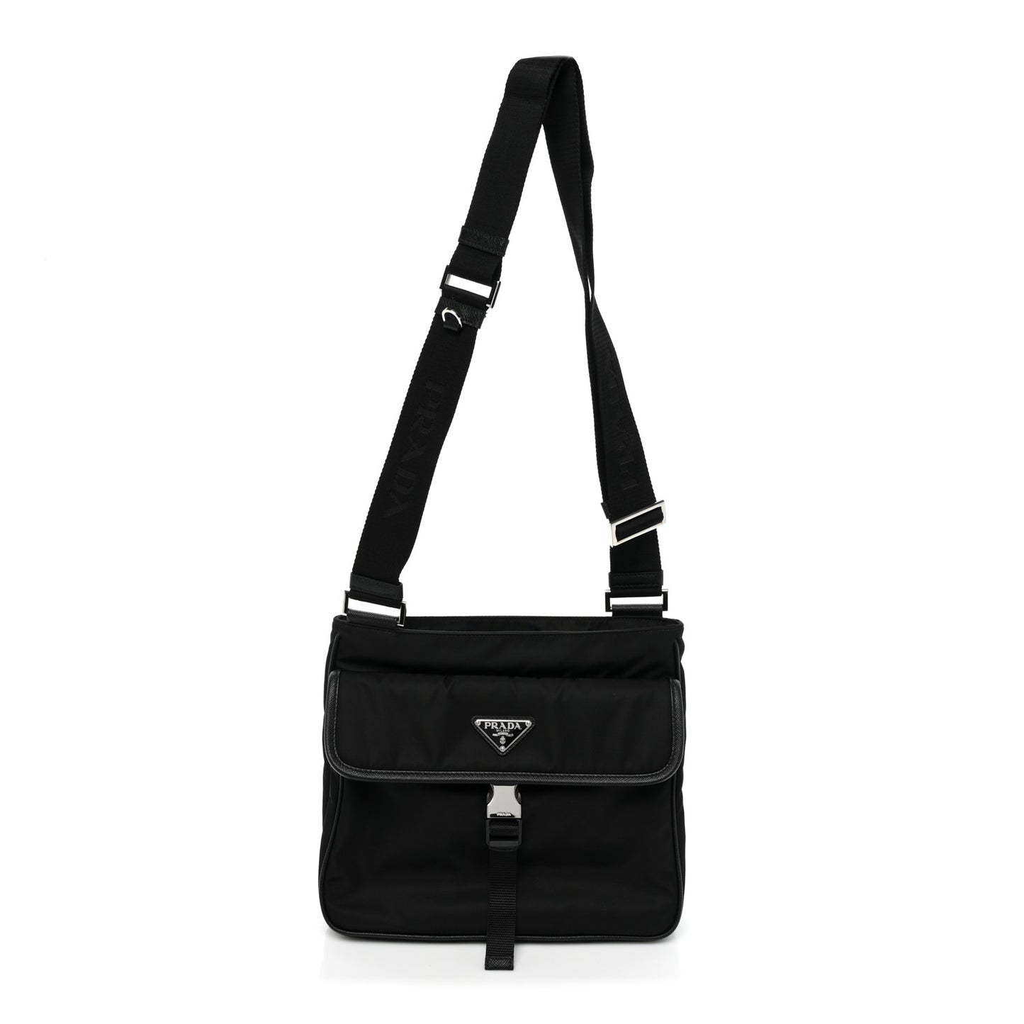 Re-Nylon Saffiano Single Snap Buckle Flap Messenger Bag Black