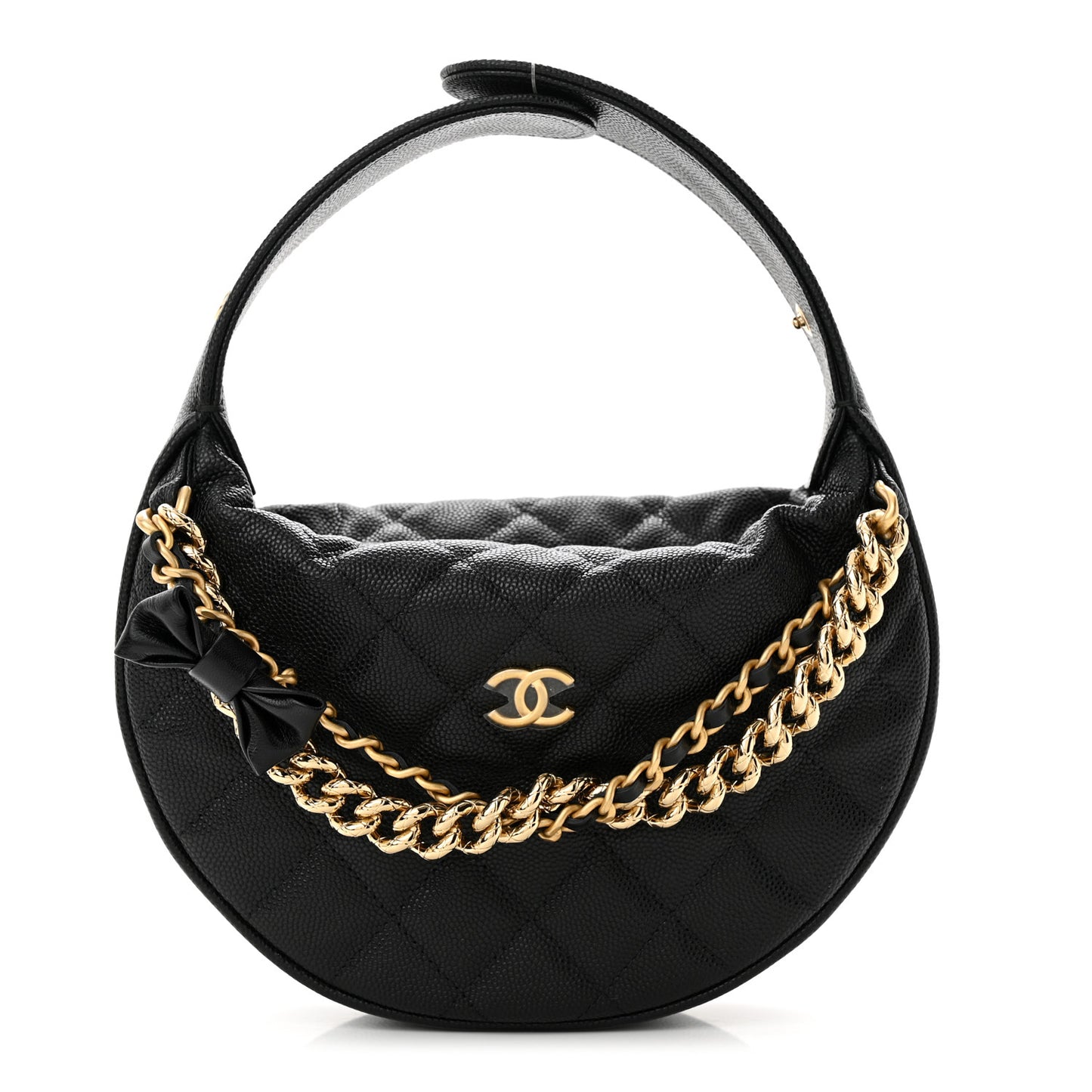 Shiny Caviar Quilted Bow Pouch Hobo Black