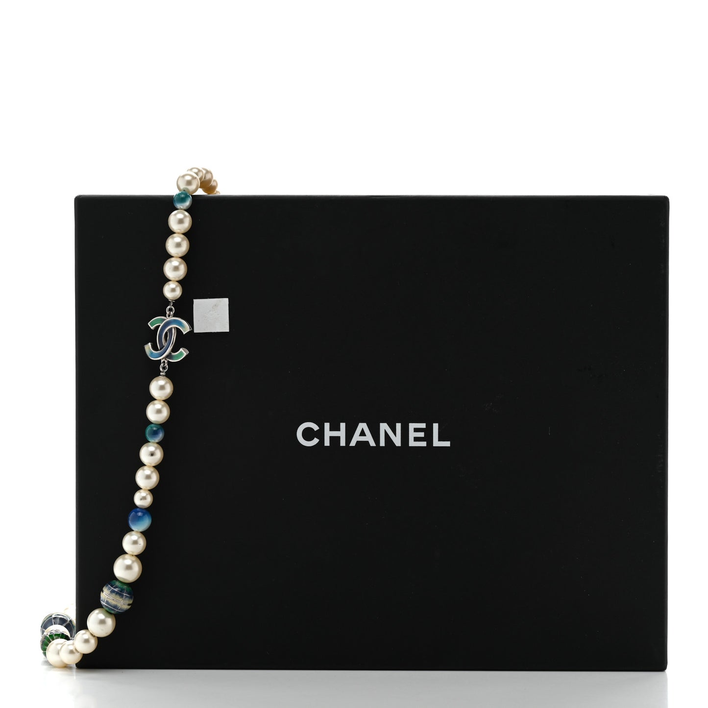 Graduated Pearl Enamel Bead CC Logo Long Necklace White Blue Multicolor
