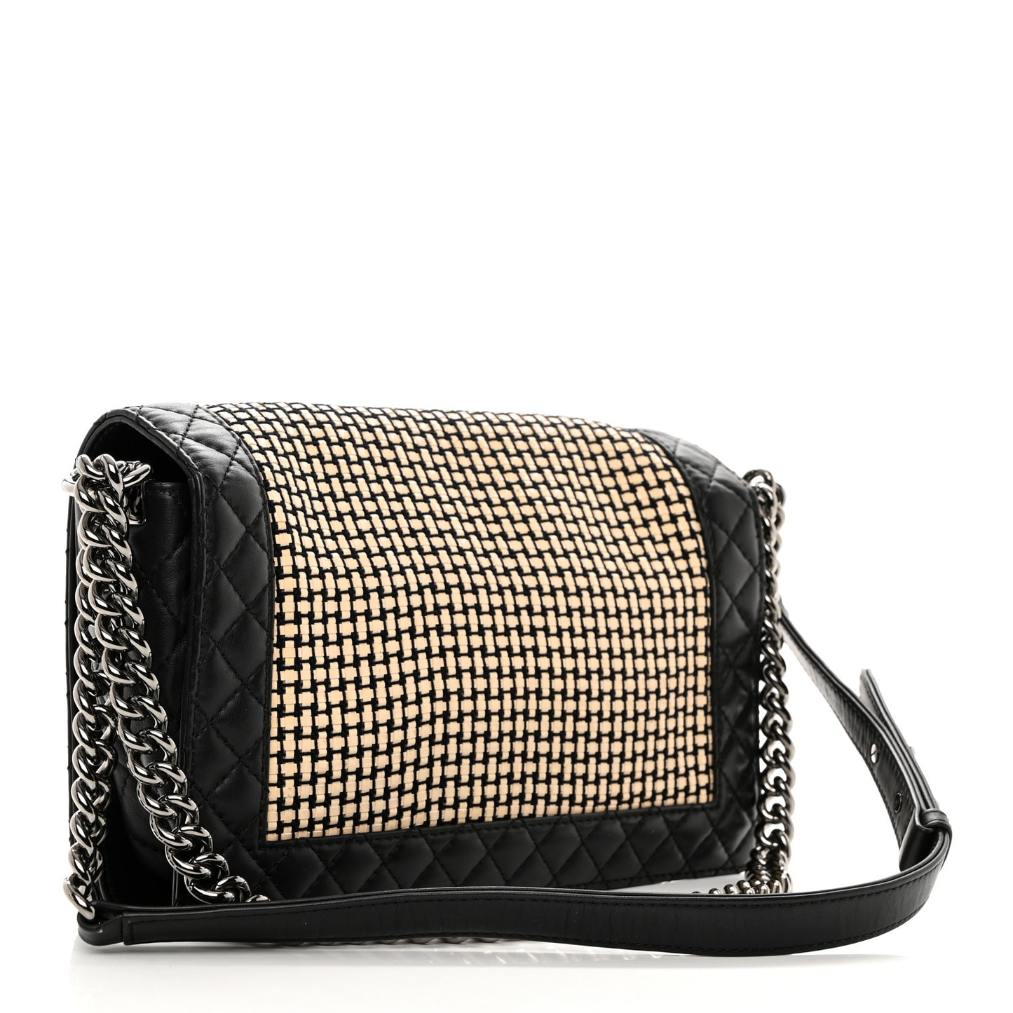 Calfskin Woven Medium Boy Reverso Flap Black