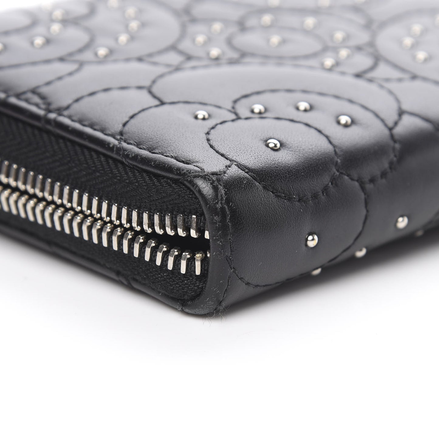 Lambskin Camellia Studded Large Gusset Zip Around Wallet Black