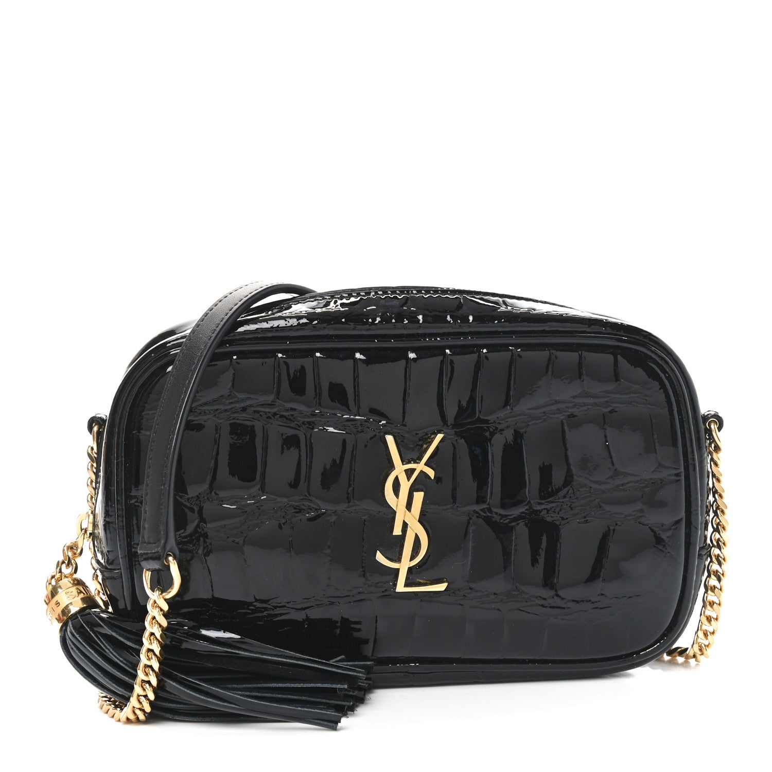 Saint Laurent Patent Calfskin Crocodile Embossed Monogram Mini Lou Camera Bag Black 1 of 10