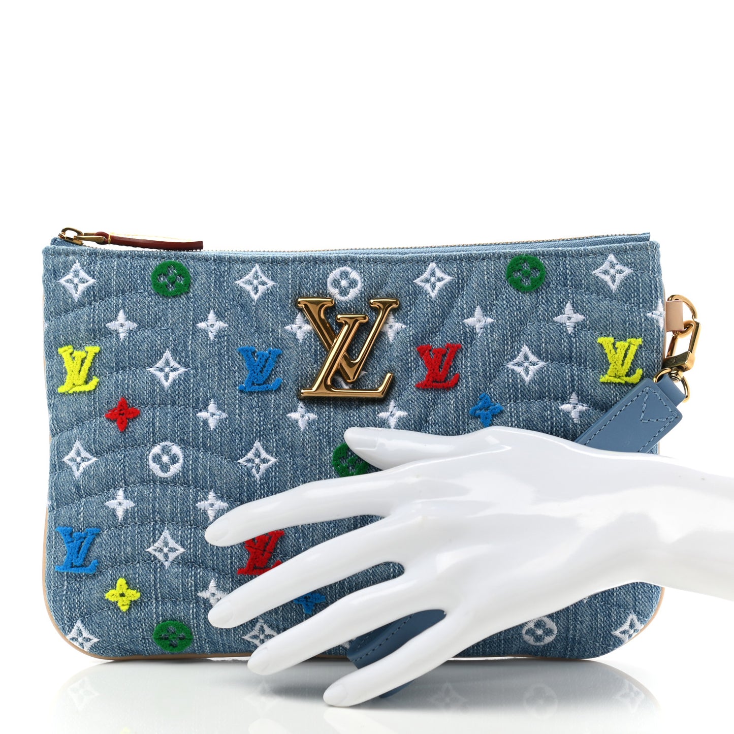 Embroidered Monogram Denim New Wave Zipped Pochette Blue