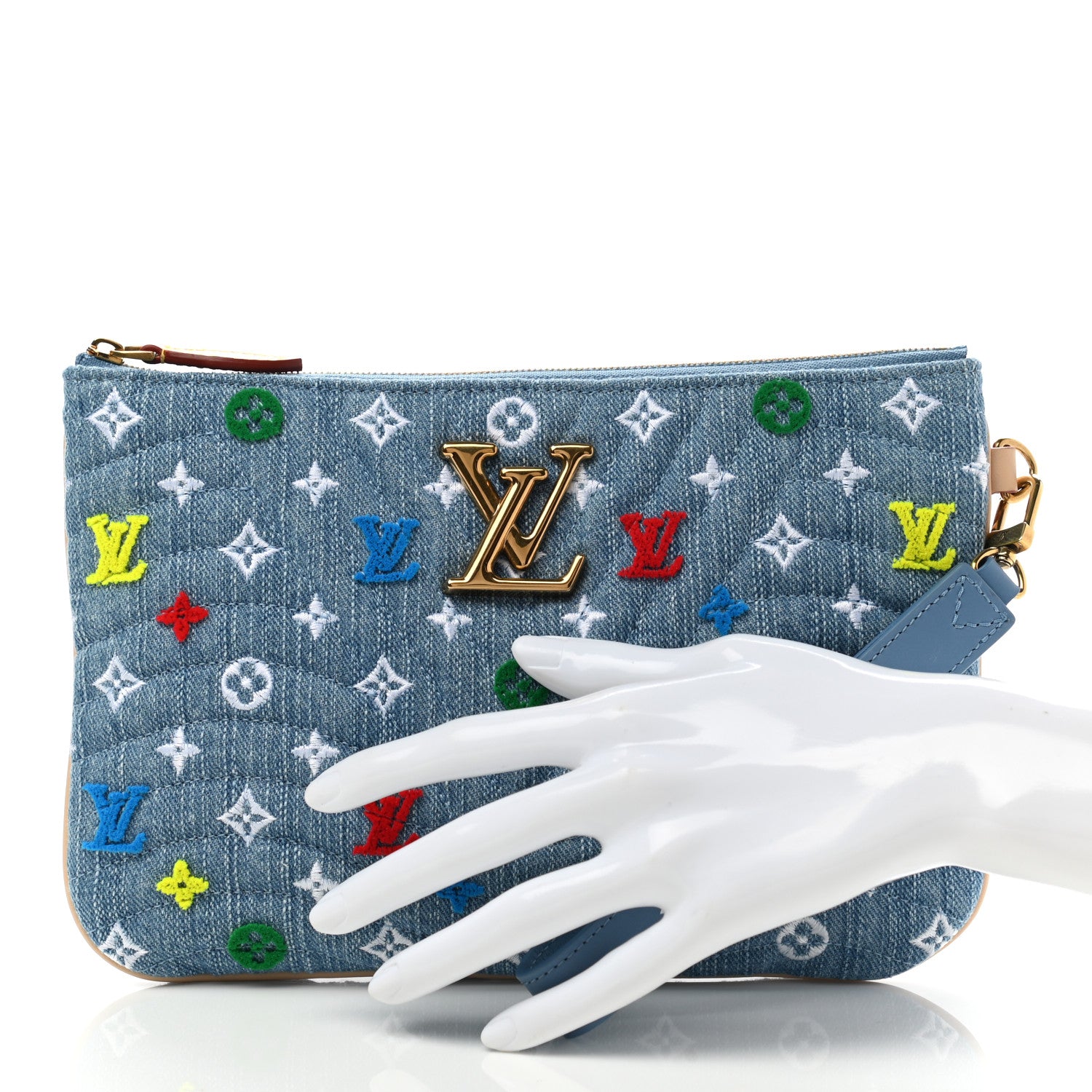 Louis Vuitton Embroidered Monogram Denim New Wave Zipped Pochette Blue 2 of 6
