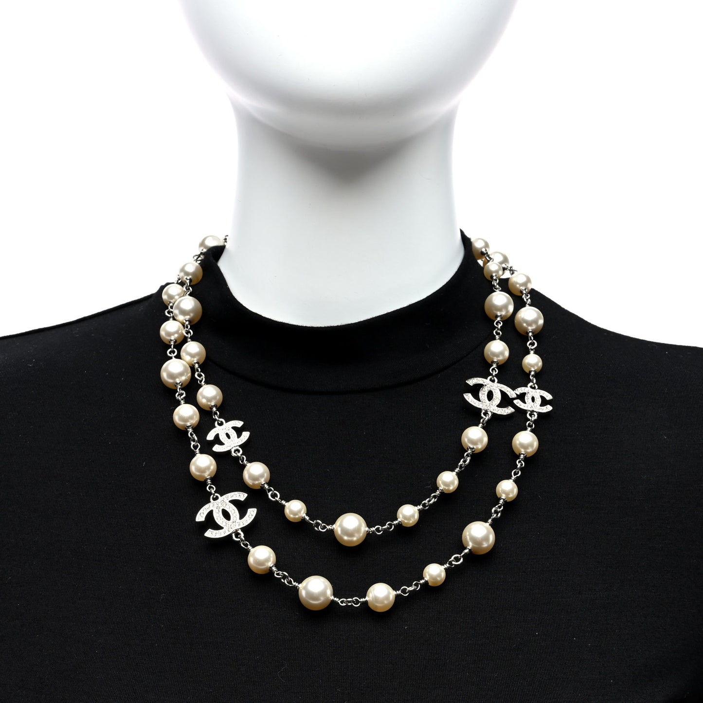 Crystal Pearl CC Long Necklace Silver