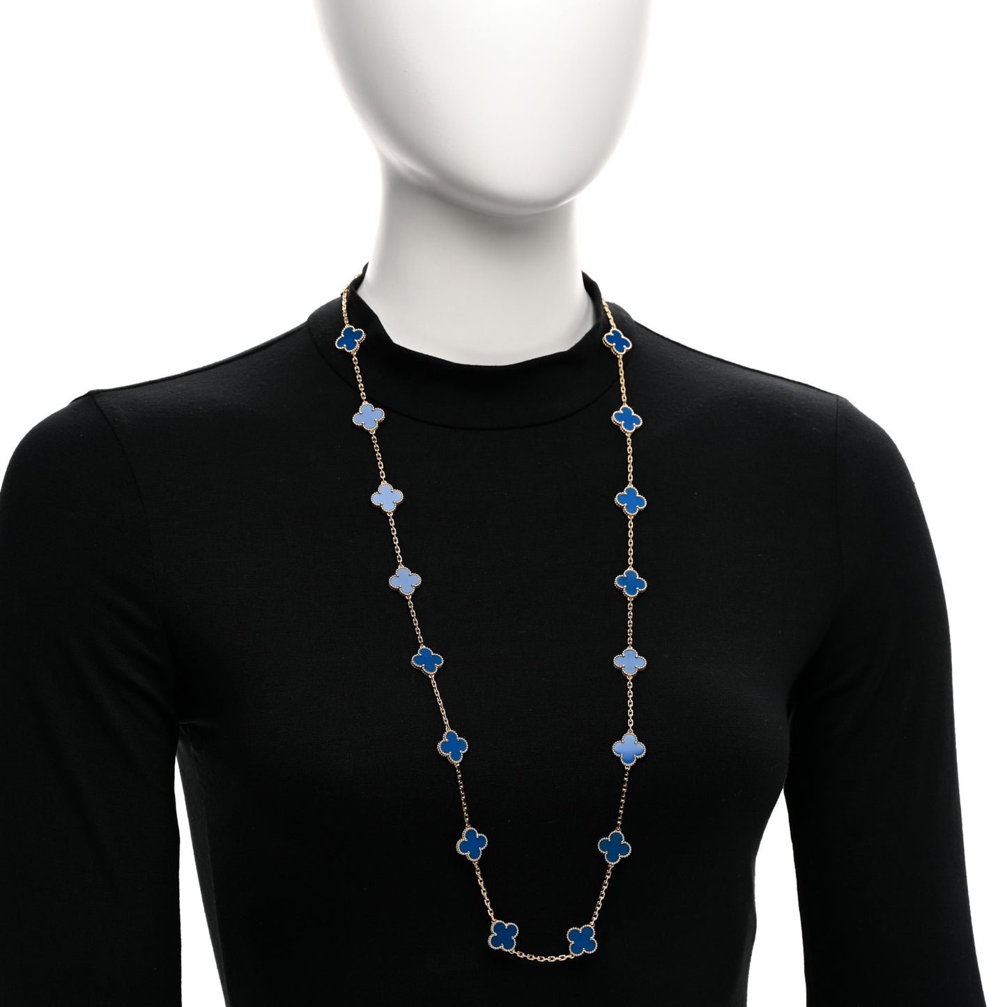 18K Yellow Gold Blue Agate 20 Motifs Vintage Alhambra Necklace