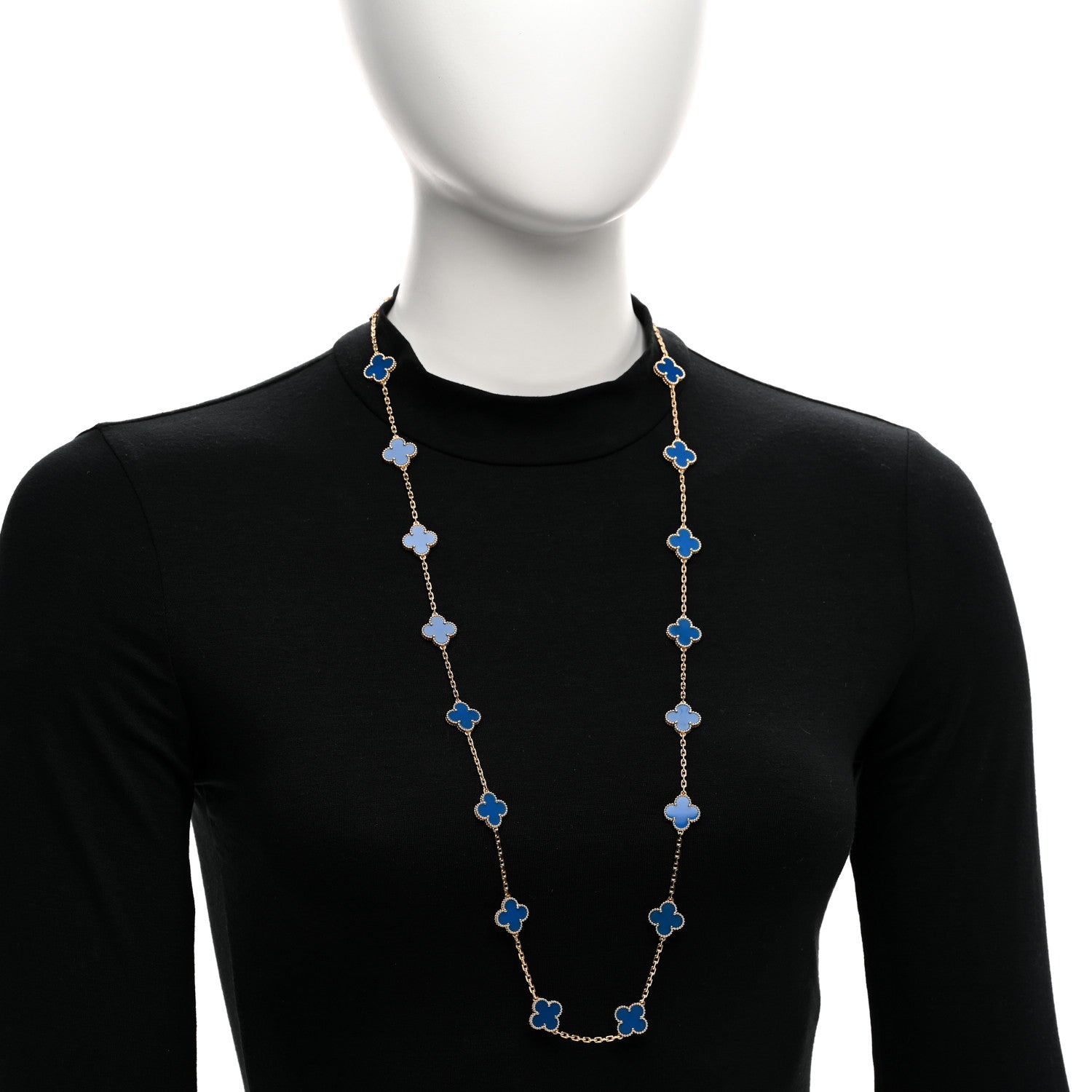 Van Cleef & Arpels 18K Yellow Gold Blue Agate 20 Motifs Vintage Alhambra Necklace 2 of 5